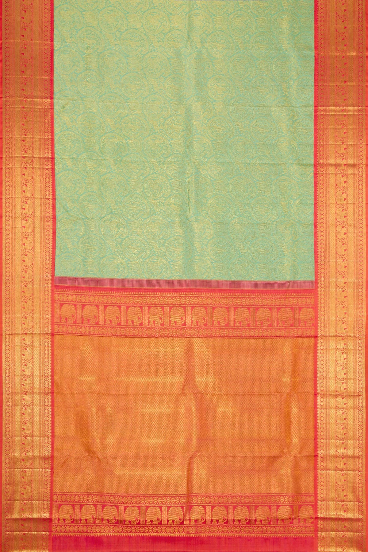 Flat view of Pista Green Dual Tone Kanchipuram Silk Saree with Zari Brocade on the body and Zari Border. 