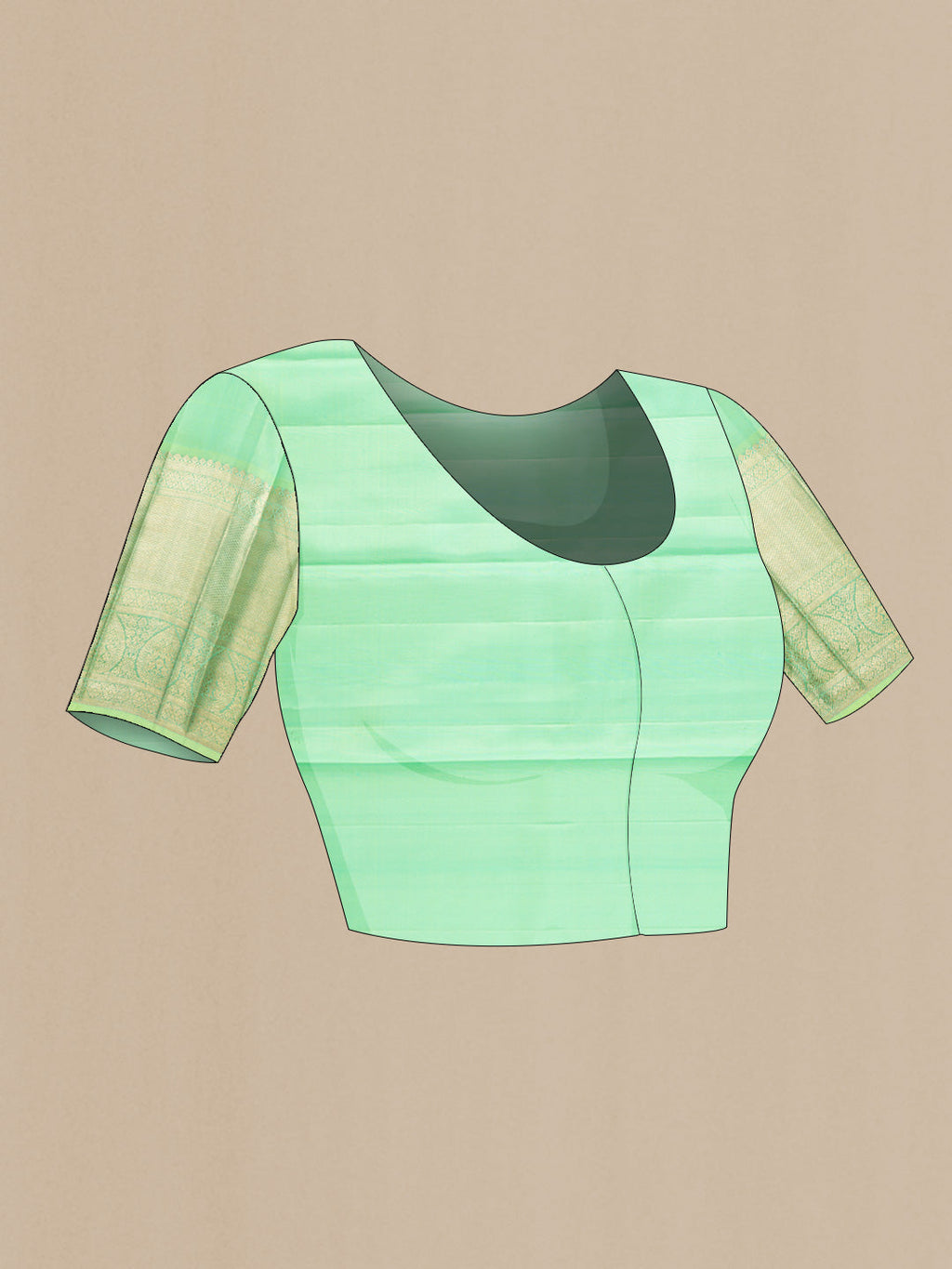 Close up image of the blouse of Green Dual Tone Kanchipuram Silk Saree with Zari Brocade on the body and Zari Border