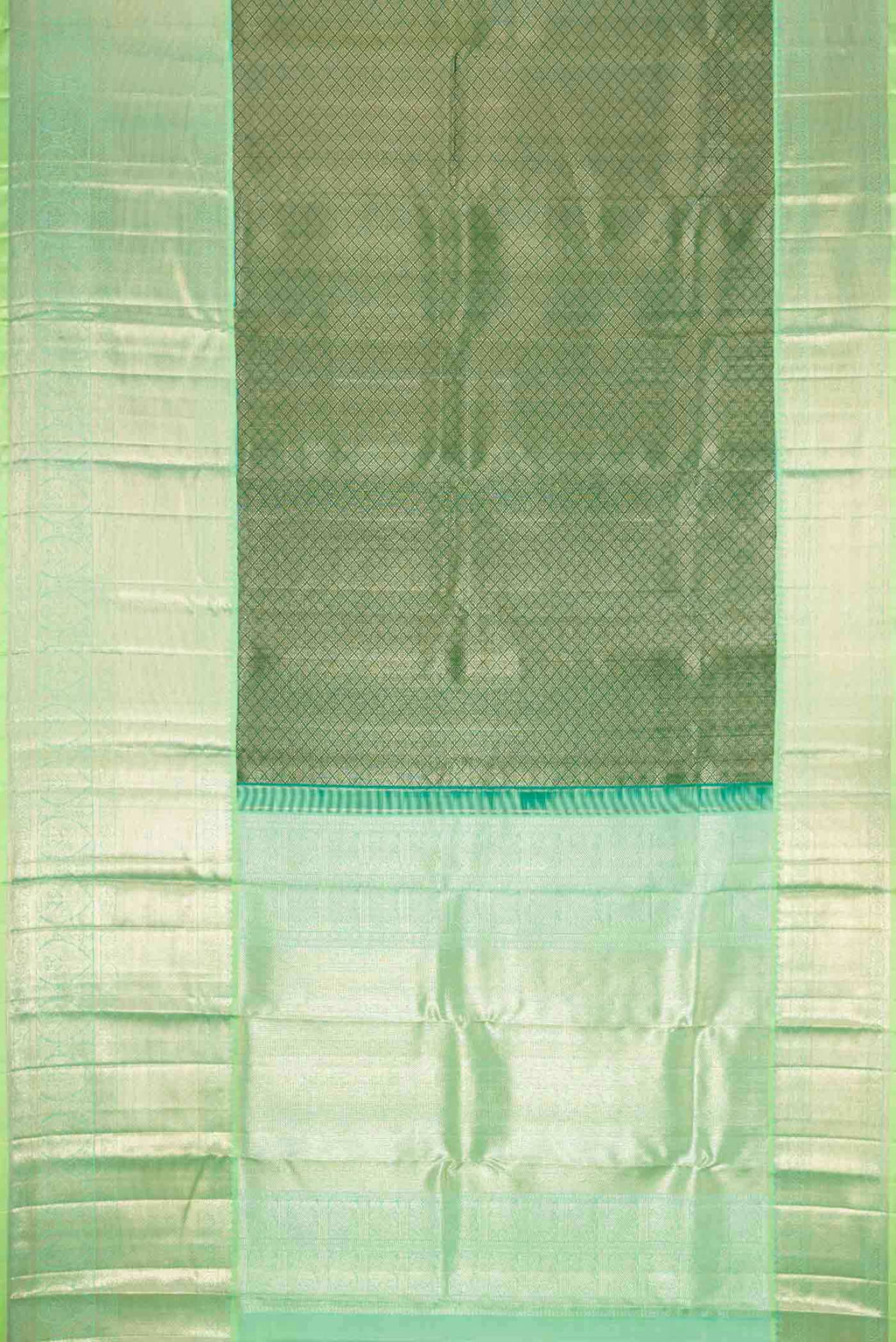 Flat view of Green Dual Tone Kanchipuram Silk Saree with Zari Brocade on the body and Zari Border