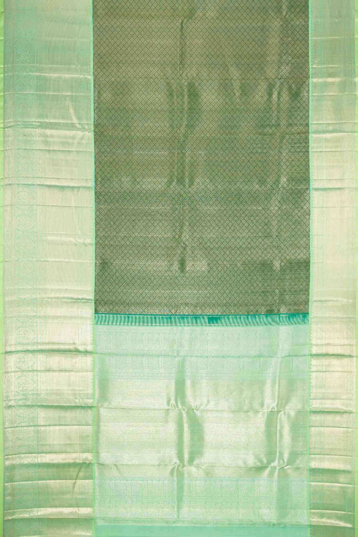Flat view of Green Dual Tone Kanchipuram Silk Saree with Zari Brocade on the body and Zari Border