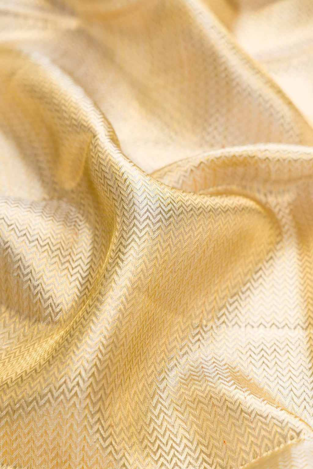 Close up of Gold Dual Tone Kanchipuram Tissue Silk Saree with Zari Brocade on the body and Zari Border displaying folds