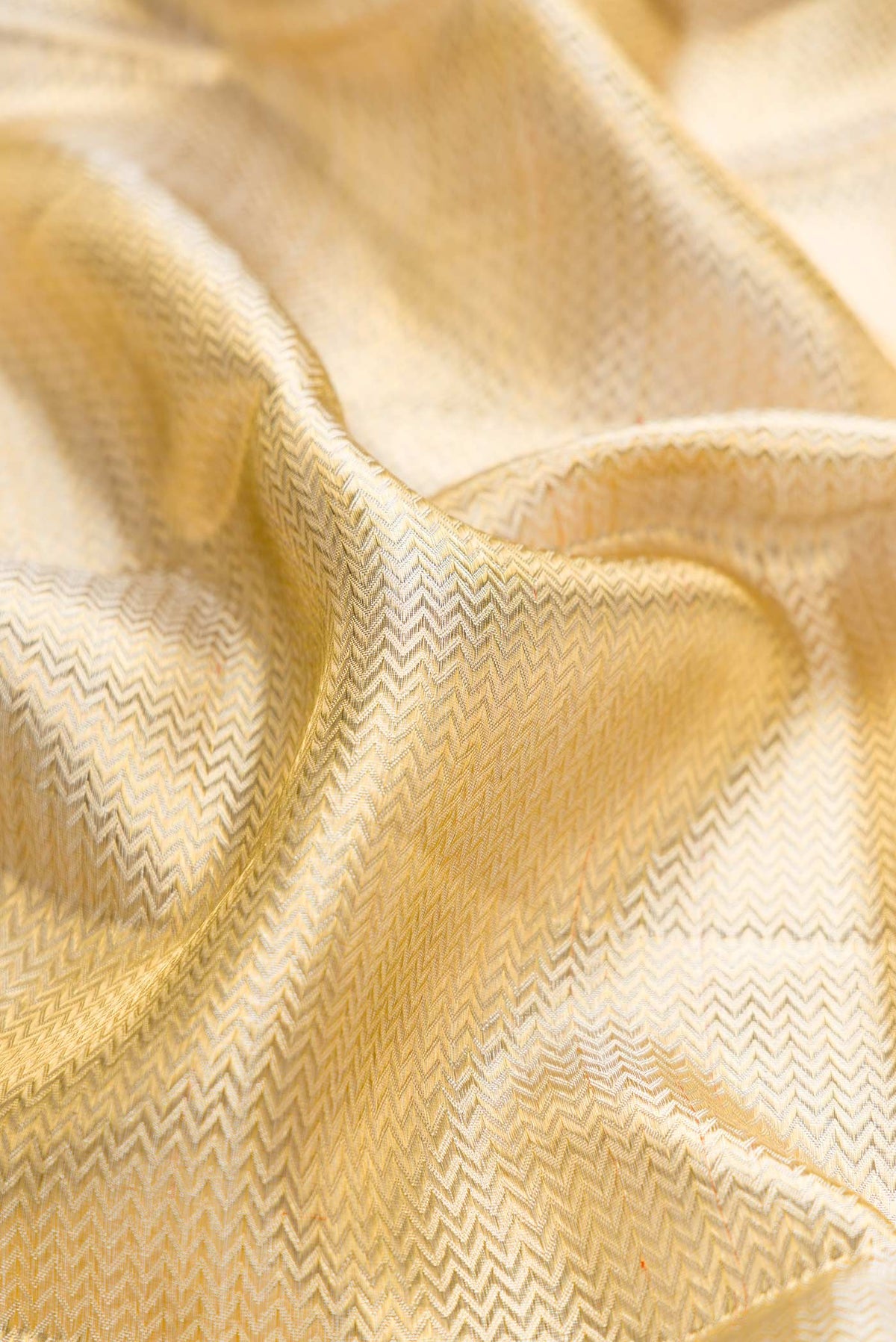 Close up of Gold Dual Tone Kanchipuram Tissue Silk Saree with Zari Brocade on the body and Zari Border displaying folds