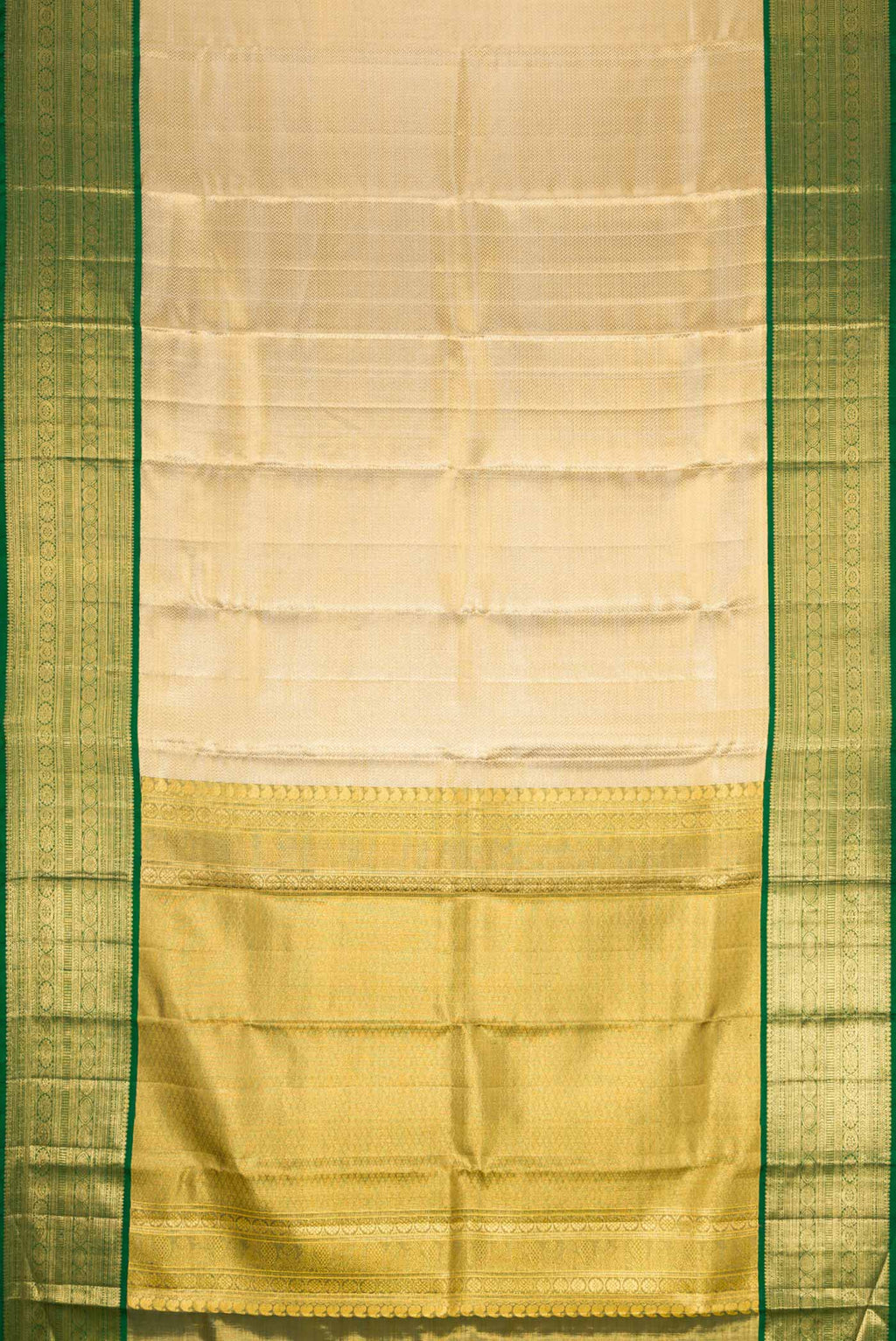 Flat view of Gold Dual Tone Kanchipuram Tissue Silk Saree with Zari Brocade on the body and Zari Border