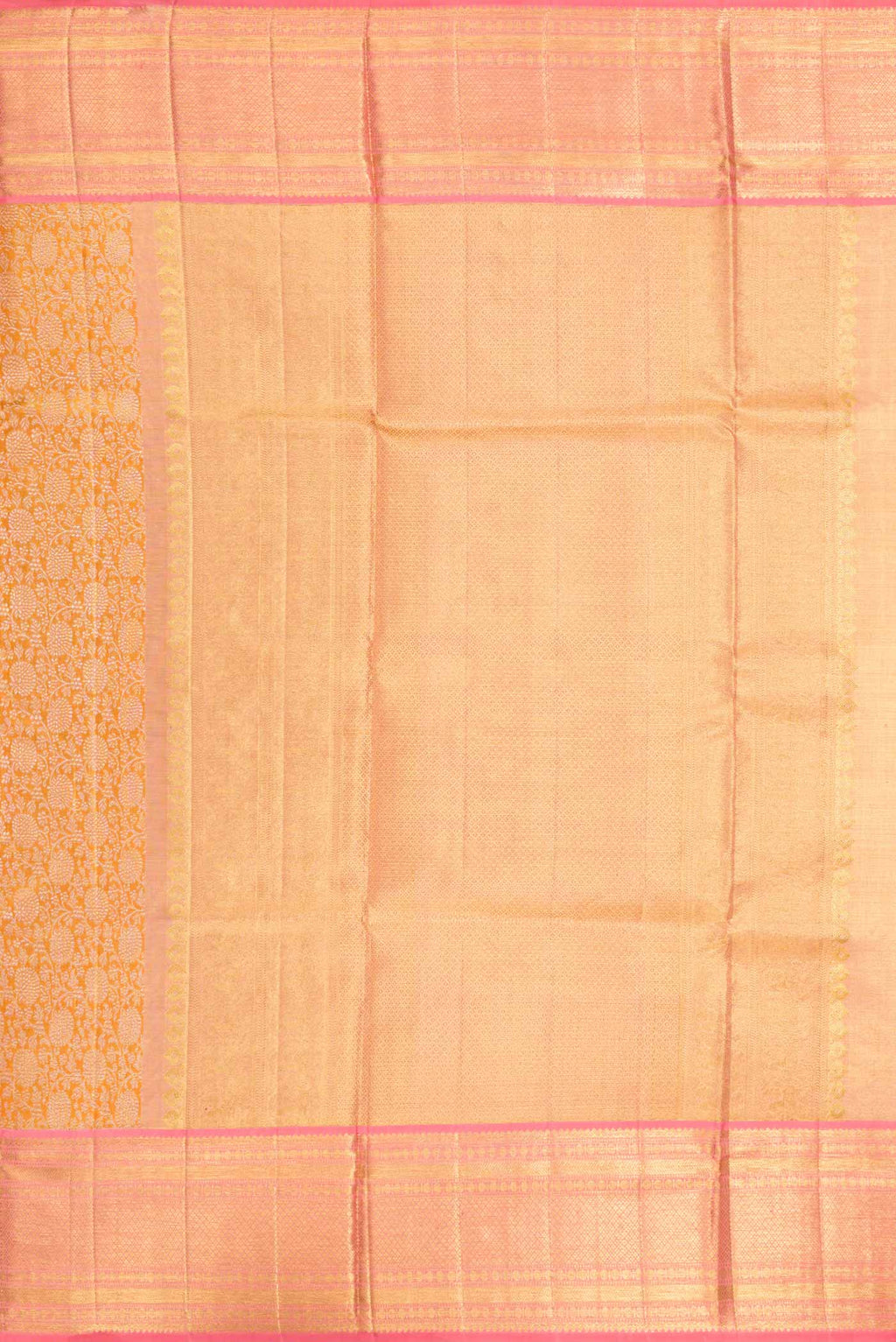 Close up image of the pallu of Gold Dual Tone Kanchipuram Silk Saree with Zari Brocade on the body and Zari Border