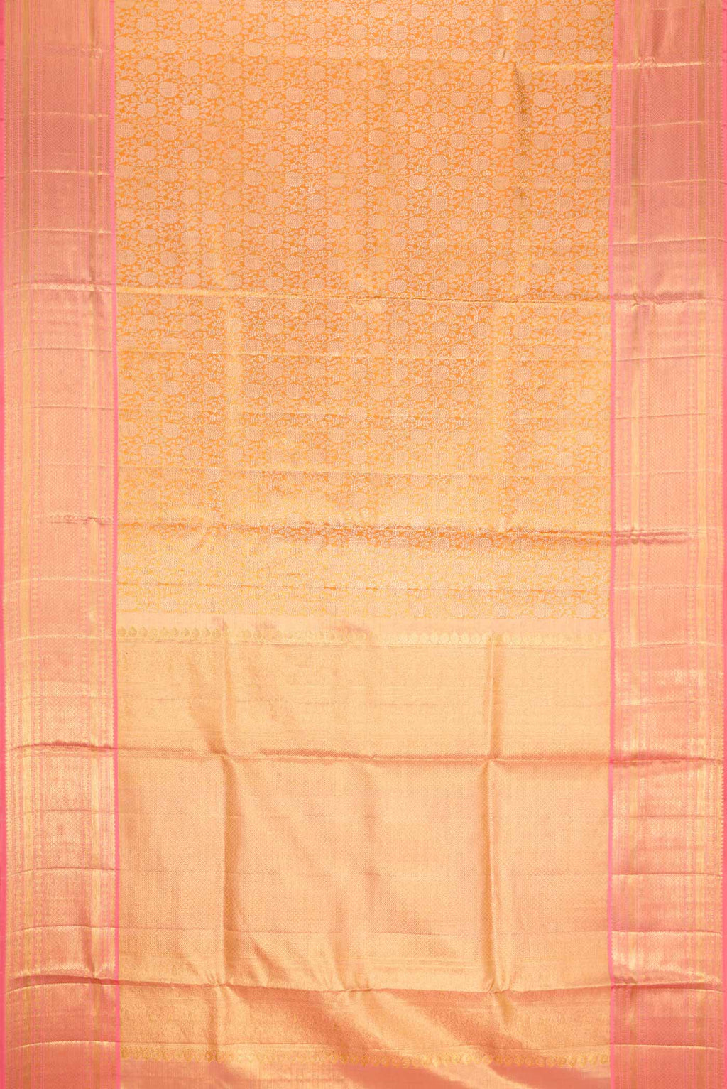 Flat view of Gold Dual Tone Kanchipuram Silk Saree with Zari Brocade on the body and Zari Border