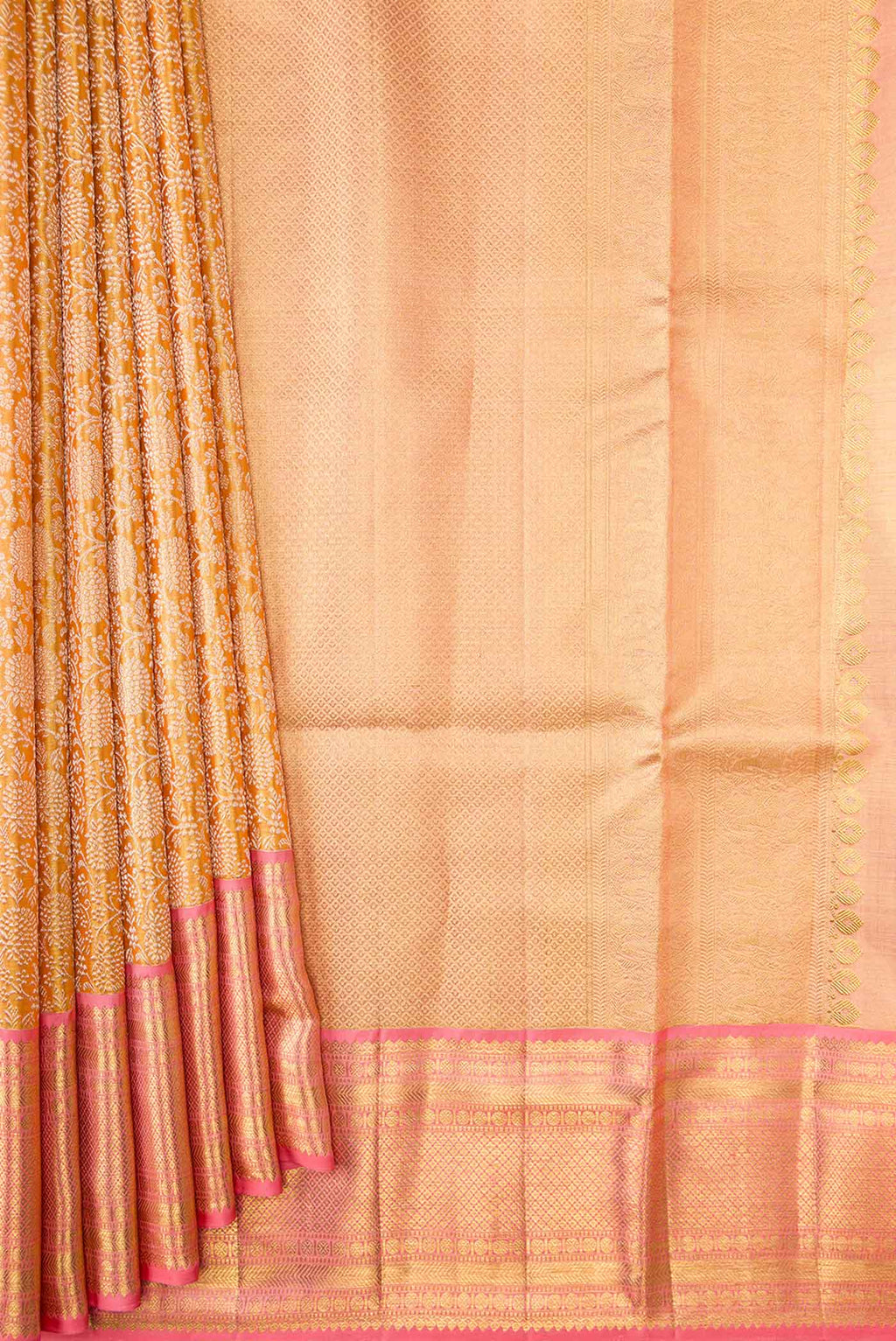 Pleats and pallu of Gold Dual Tone Kanchipuram Silk Saree with Zari Brocade on the body and Zari Border