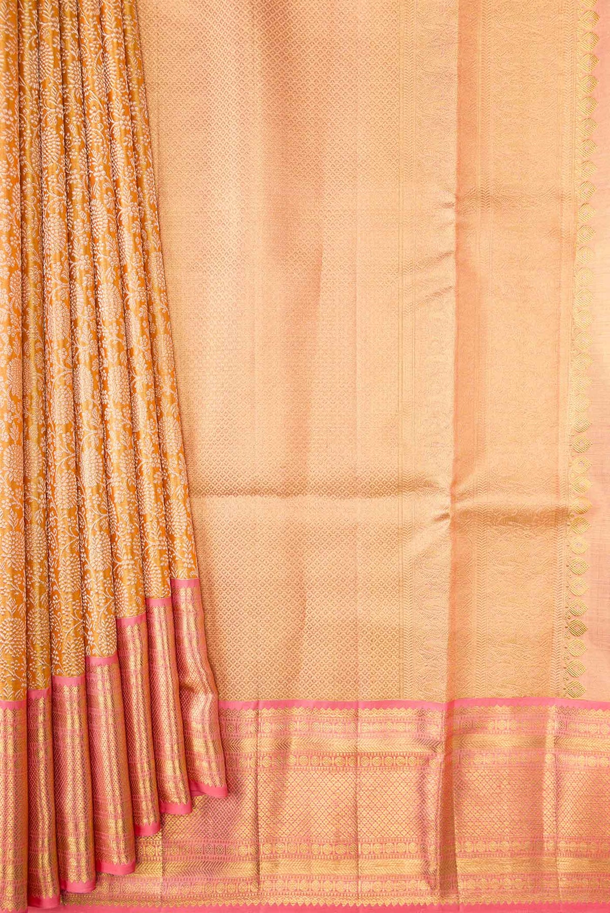 Pleats and pallu of Gold Dual Tone Kanchipuram Silk Saree with Zari Brocade on the body and Zari Border