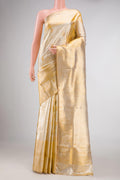Sandal Dual Tone Kanchipuram Tissue Silk Saree with Zari Brocade on the body and Zari Border displayed on a mannequin