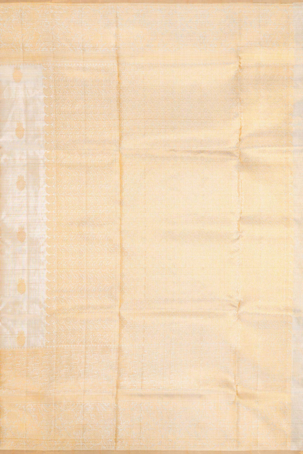 Close up image of the pallu of Sandal Dual Tone Kanchipuram Tissue Silk Saree with Zari Brocade on the body and Zari Border