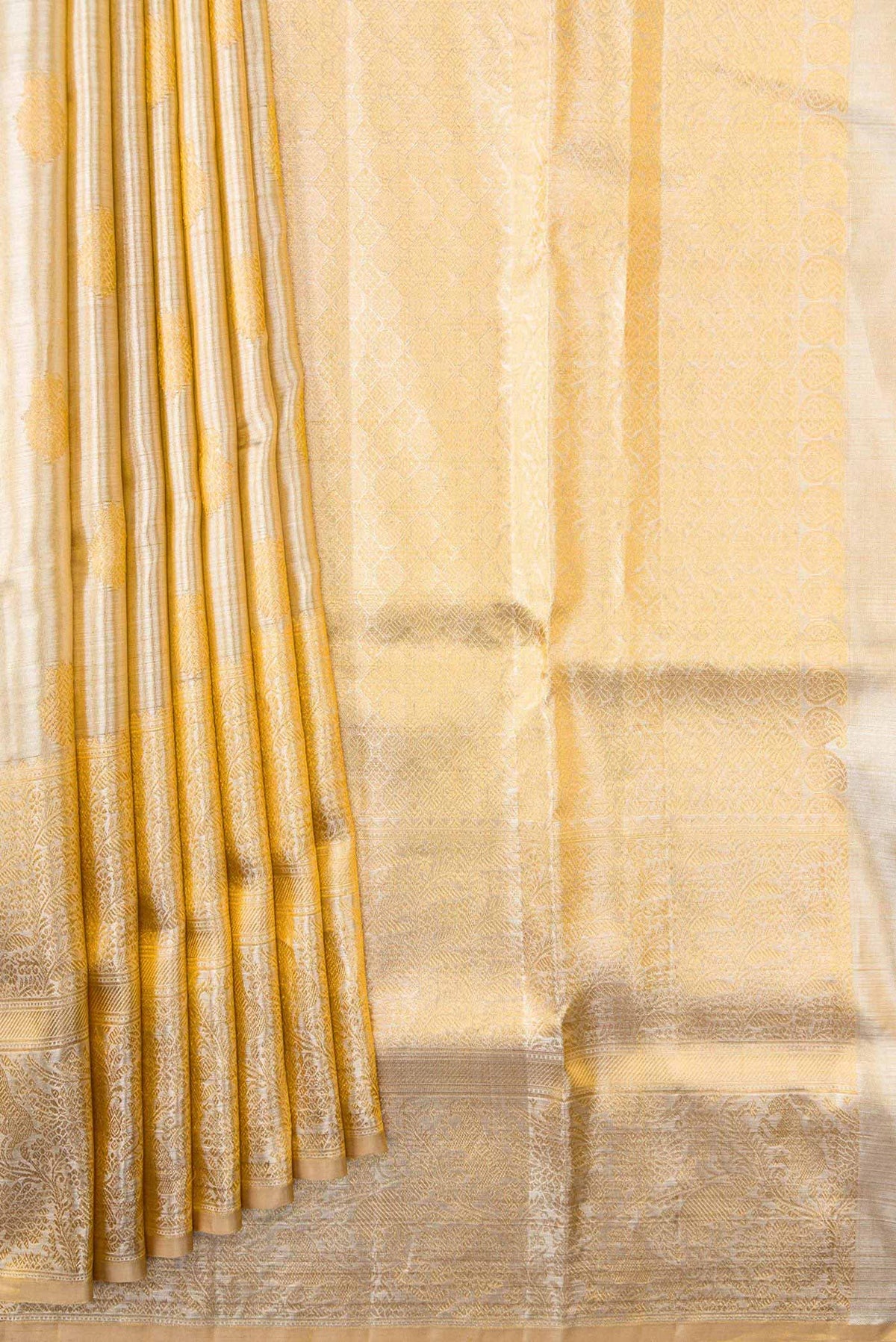 Pleats and pallu of Sandal Dual Tone Kanchipuram Tissue Silk Saree with Zari Brocade on the body and Zari Border