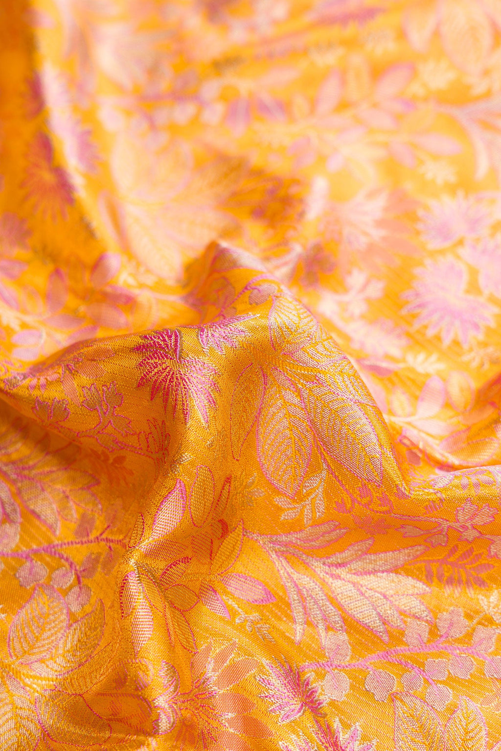 Close up of Gold Dual Tone Kanchipuram Tissue Silk Saree with Zari Brocade on the body and Zari Border.  displaying folds