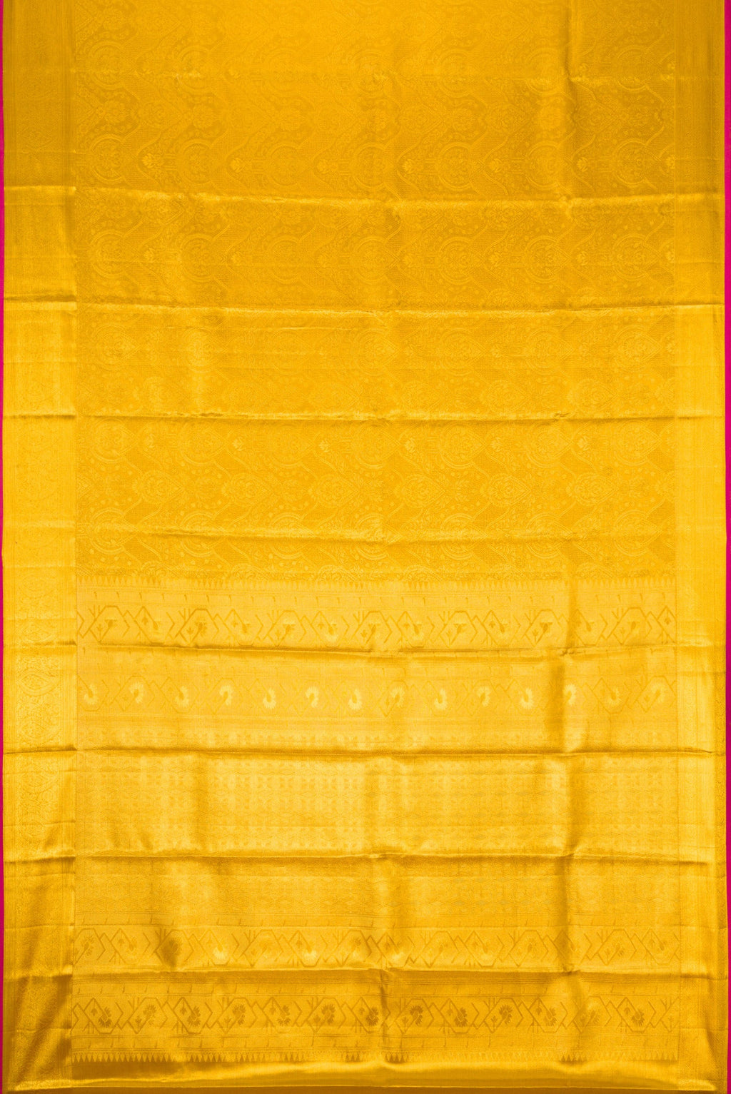 Flat view of Gold Dual Tone Kanchipuram Tissue Silk Saree with Zari Brocade on the body and Zari Border. 
