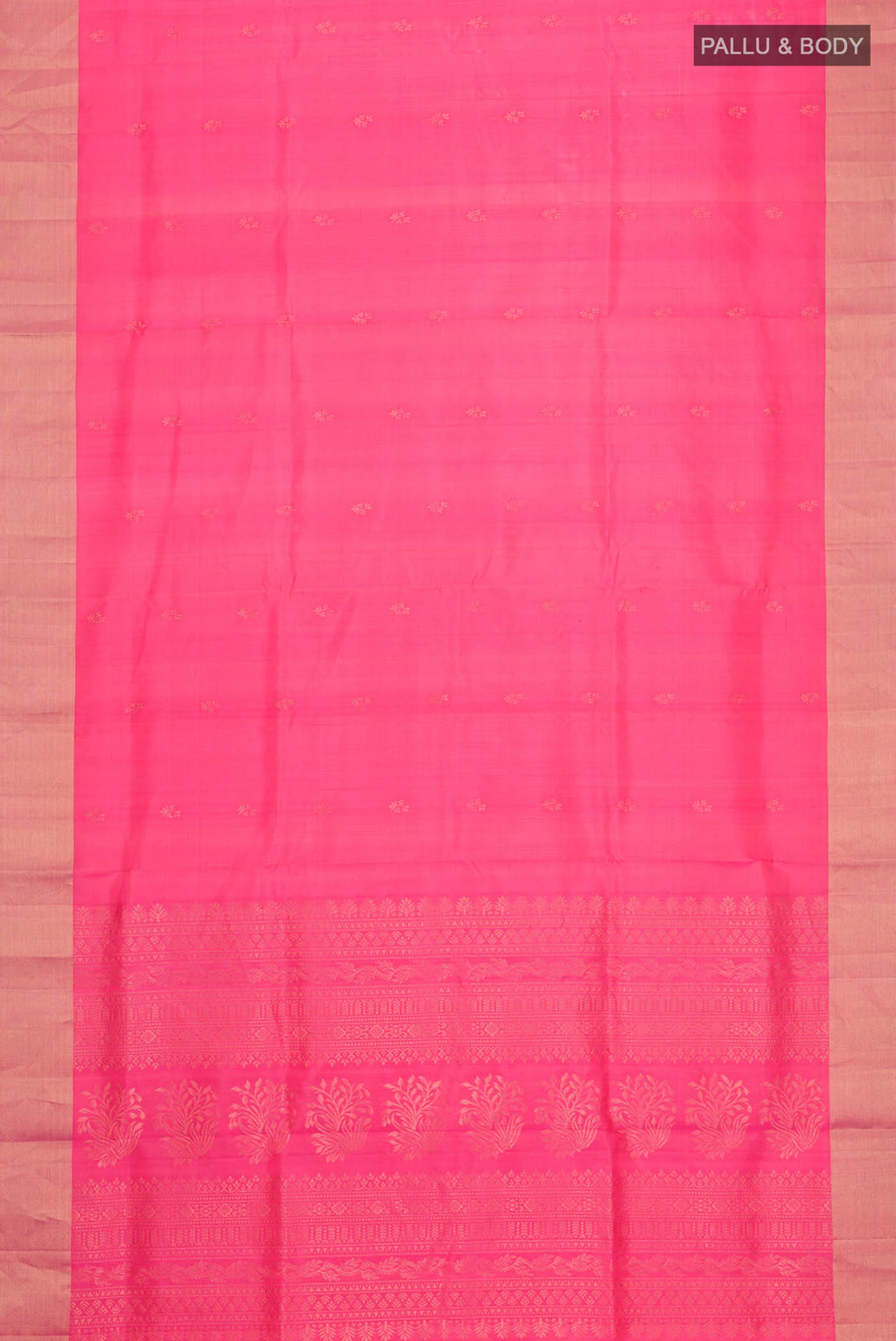 Flat view of Pink Soft Silk Saree with Zari Butta on the body and Zari Border