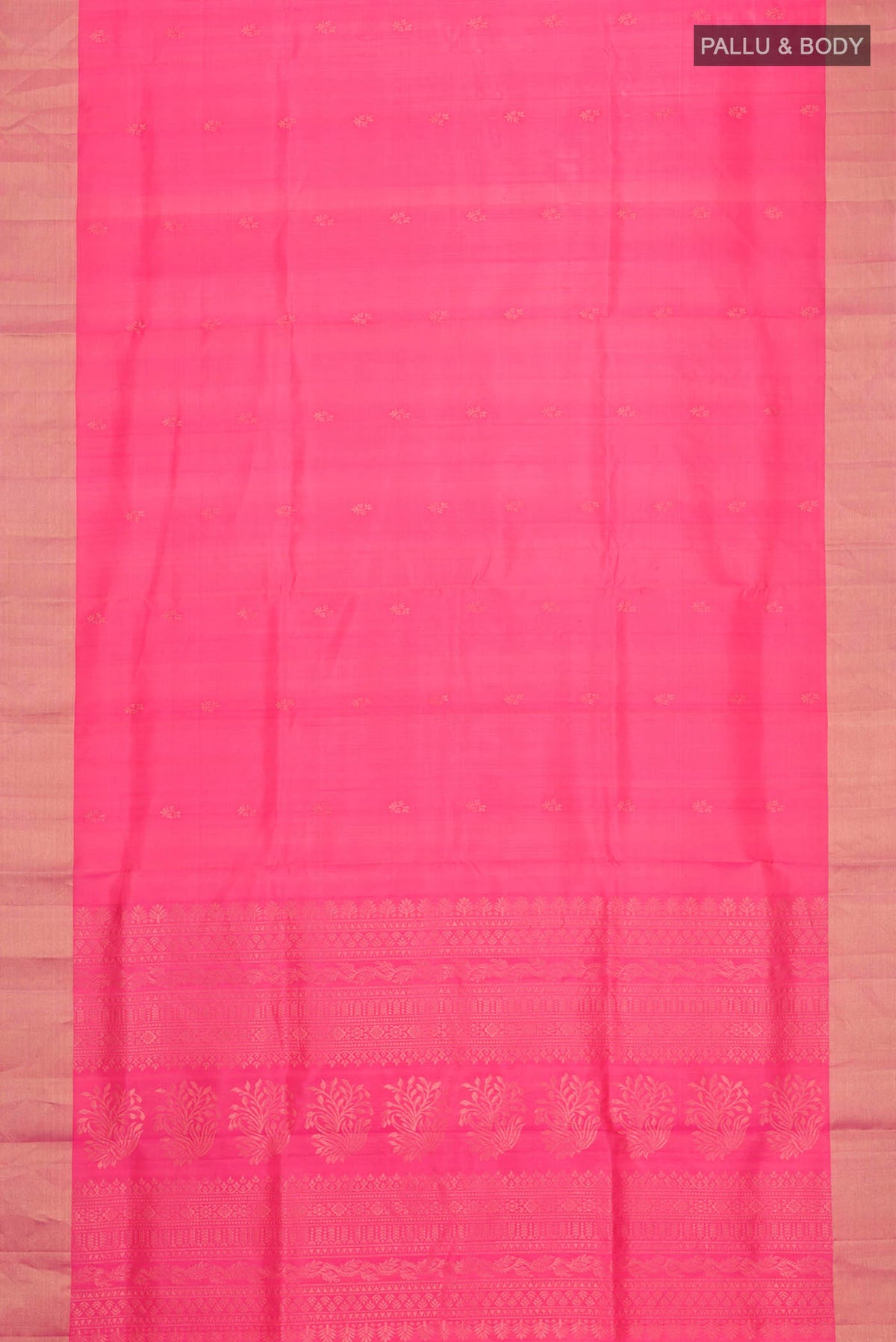 Flat view of Pink Soft Silk Saree with Zari Butta on the body and Zari Border