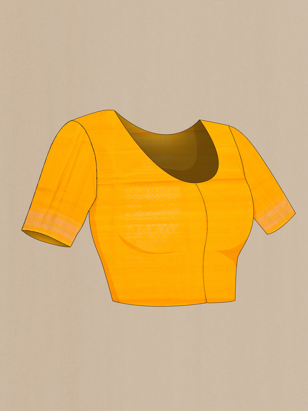 Close up image of the blouse of Mustard Dual Tone Soft Silk Saree with Zari Butta on the body and Zari Border