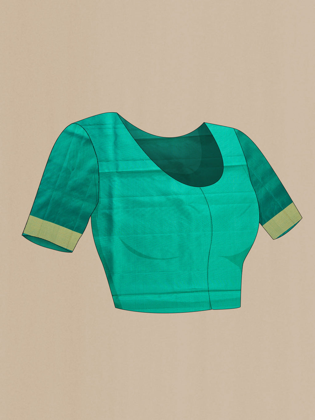 Close up image of the blouse of Green Dual Tone Soft Silk Saree with Zari Butta on the body and Zari Border
