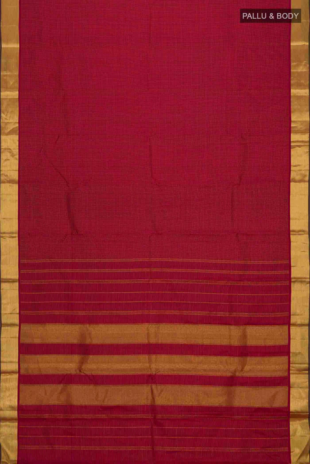 Flat view of Maroon Kanchipuram Silk Saree with Checked design on the body and Zari Border