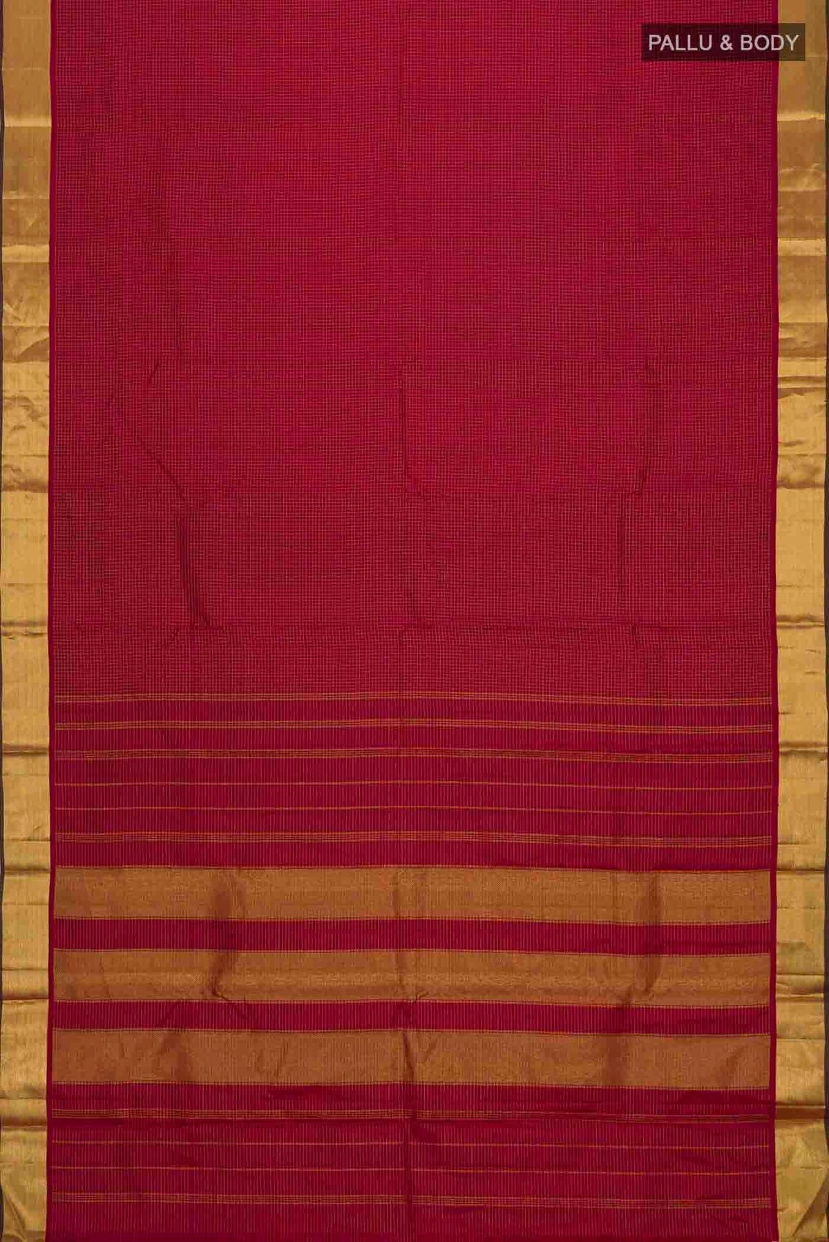Flat view of Maroon Kanchipuram Silk Saree with Checked design on the body and Zari Border
