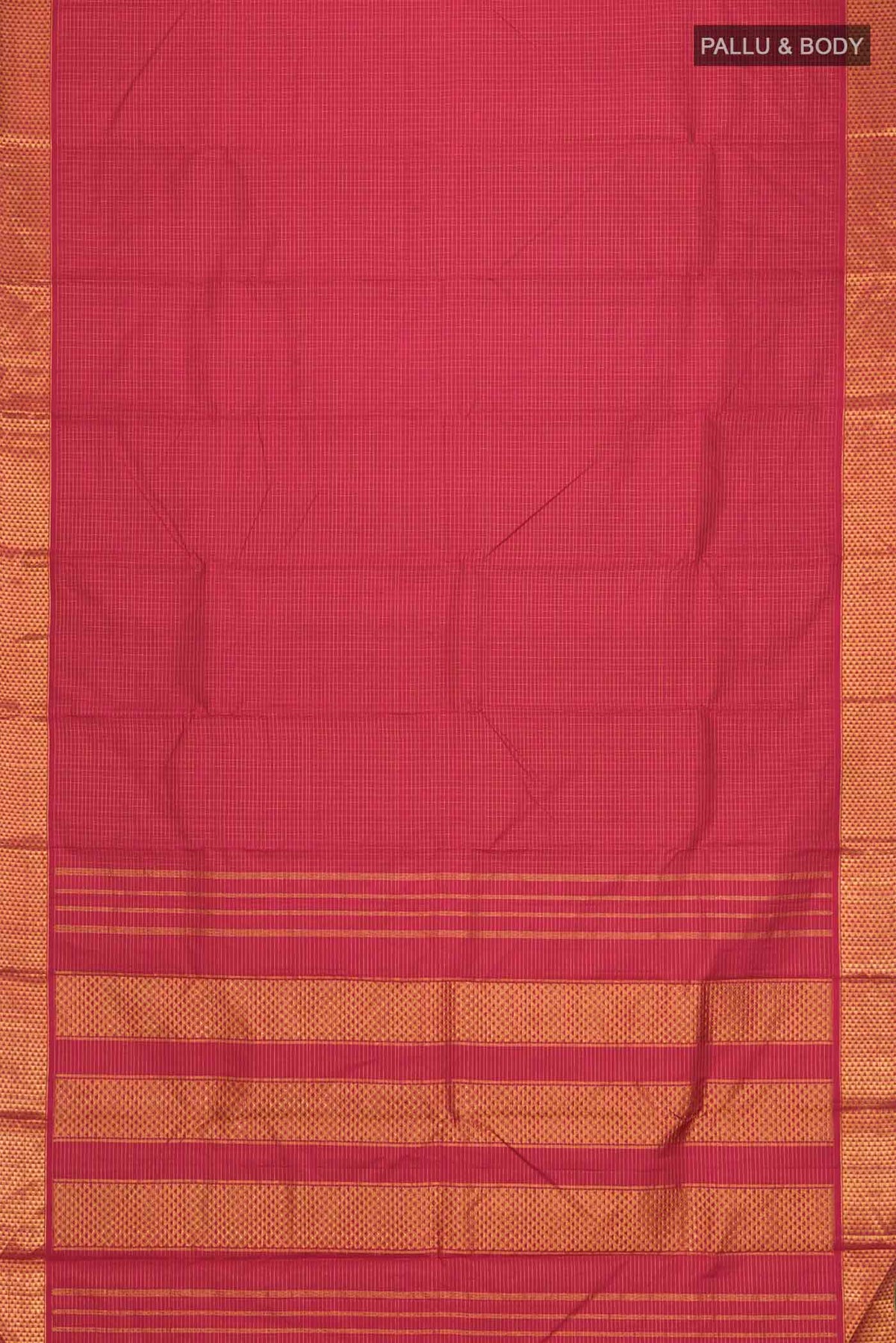 Flat view of Maroon Kanchipuram Silk Saree with Checked design on the body and Zari Border