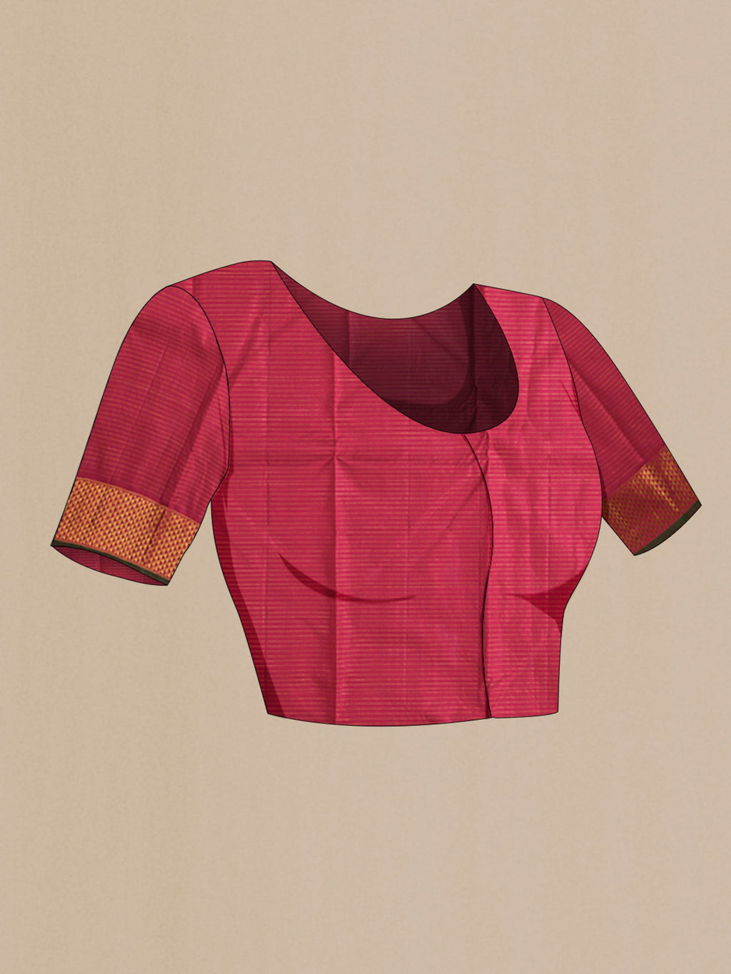 Close up image of the blouse of Maroon Kanchipuram Silk Saree with Stripes on the body and Zari Border