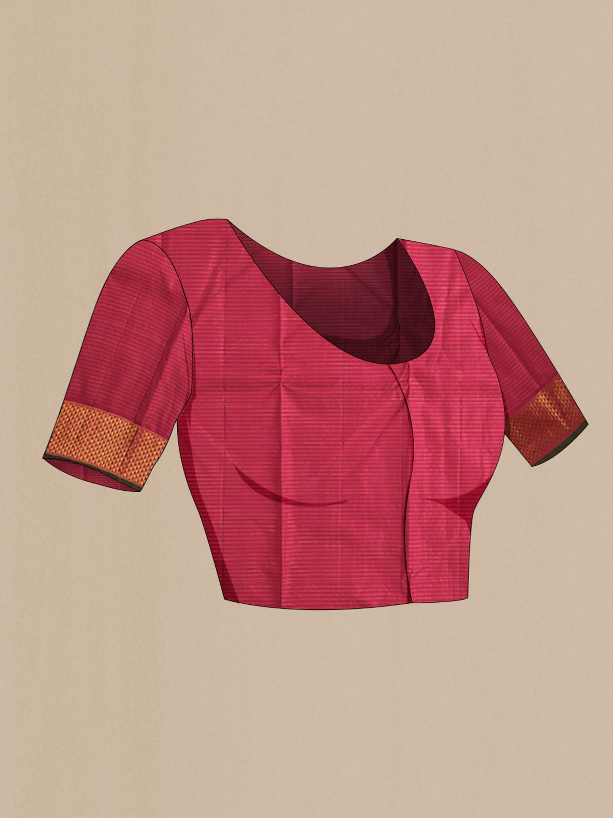 Close up image of the blouse of Maroon Kanchipuram Silk Saree with Stripes on the body and Zari Border