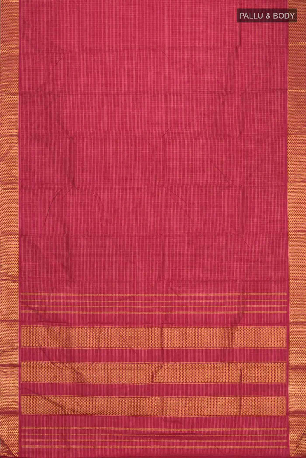 Flat view of Maroon Kanchipuram Silk Saree with Stripes on the body and Zari Border