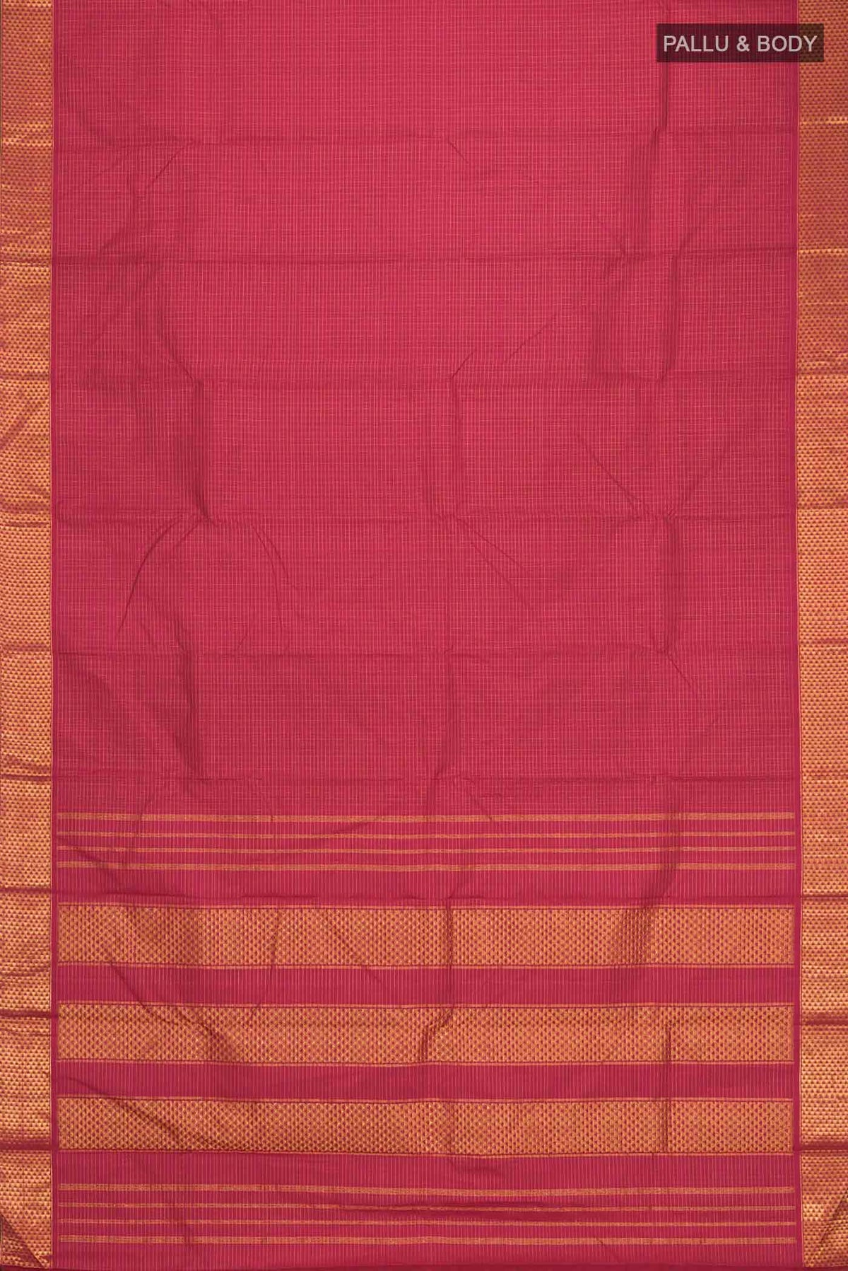 Flat view of Maroon Kanchipuram Silk Saree with Stripes on the body and Zari Border