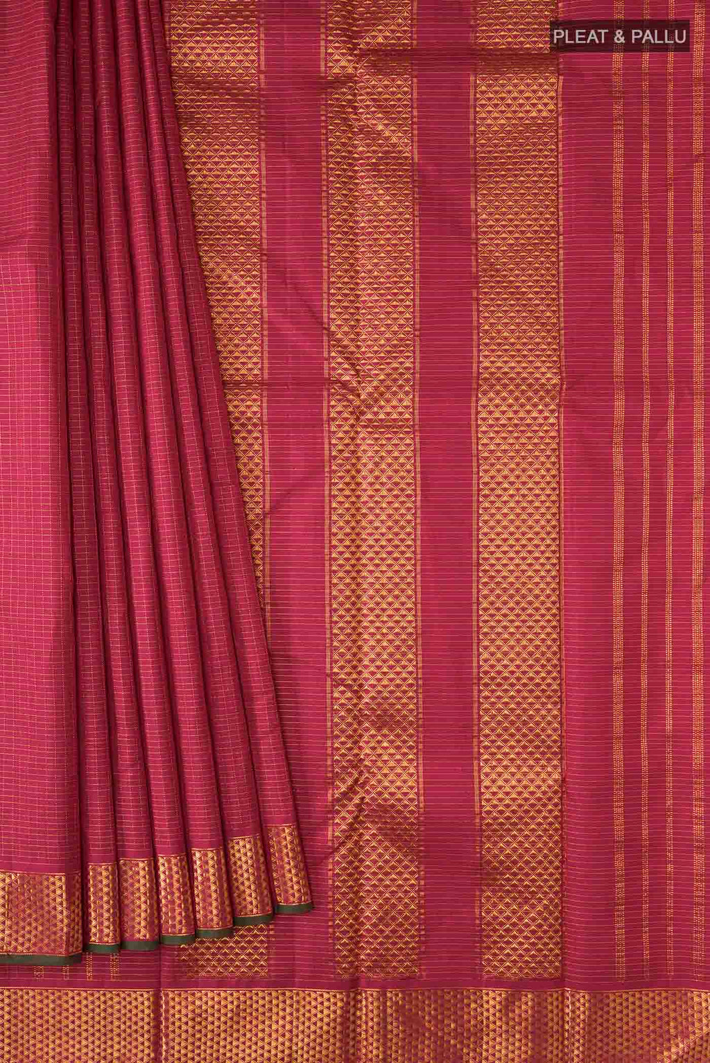 Pleats and pallu of Maroon Kanchipuram Silk Saree with Stripes on the body and Zari Border