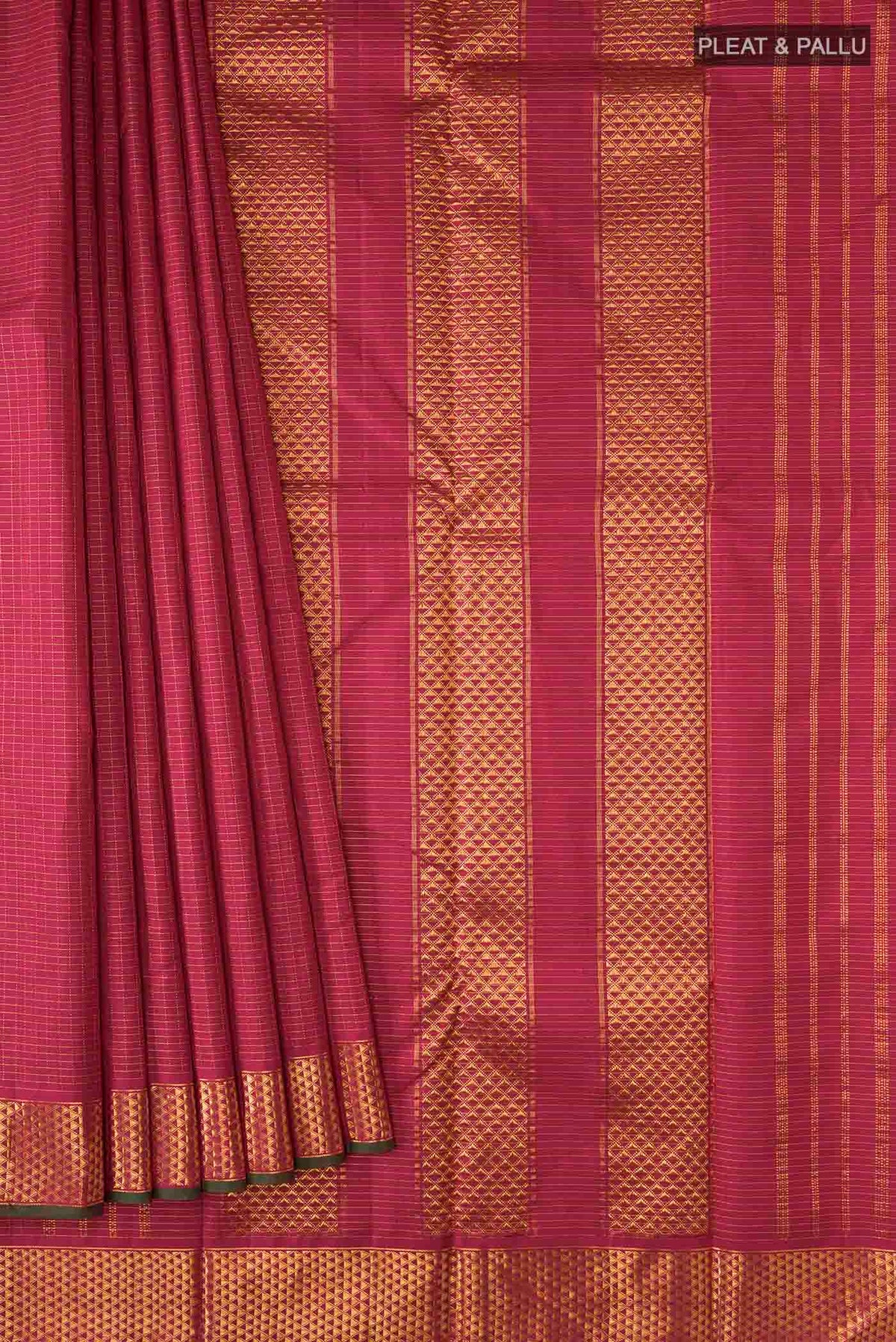 Pleats and pallu of Maroon Kanchipuram Silk Saree with Stripes on the body and Zari Border
