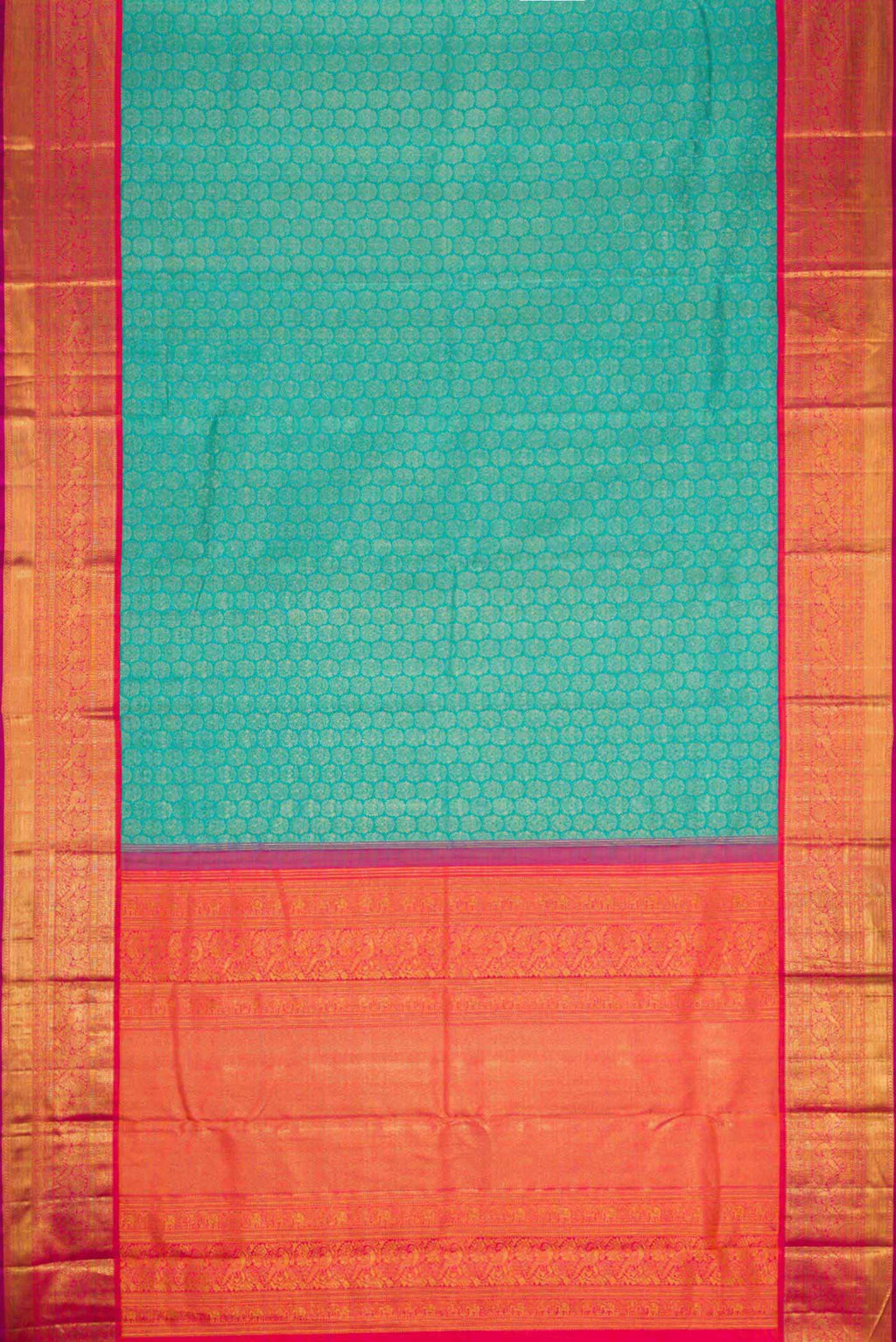 Flat view of Peacock Blue Dual Tone Kanchipuram Silk Saree with Zari Brocade on the body and Zari Border