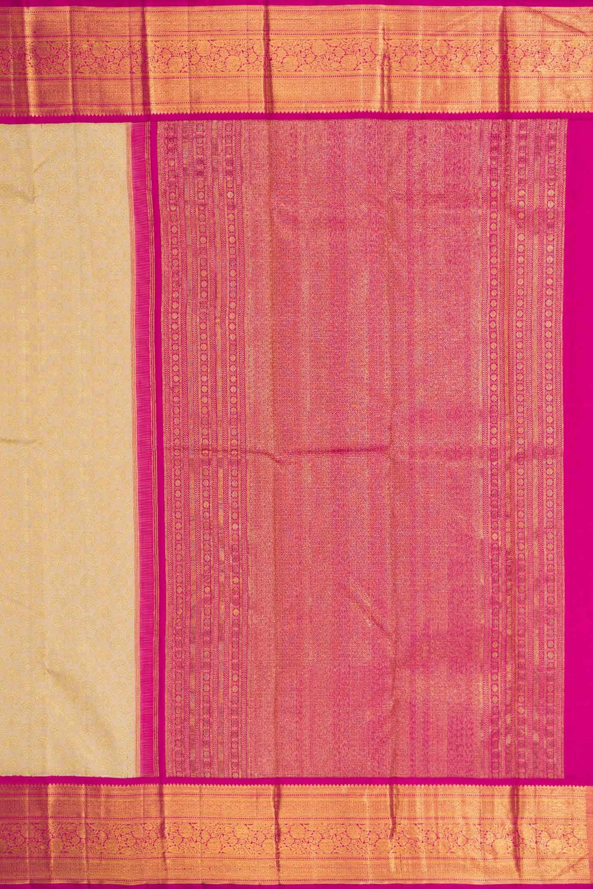 Close up image of the pallu of Sandal Dual Tone Kanchipuram Silk Saree with Zari Brocade on the body and Zari Border