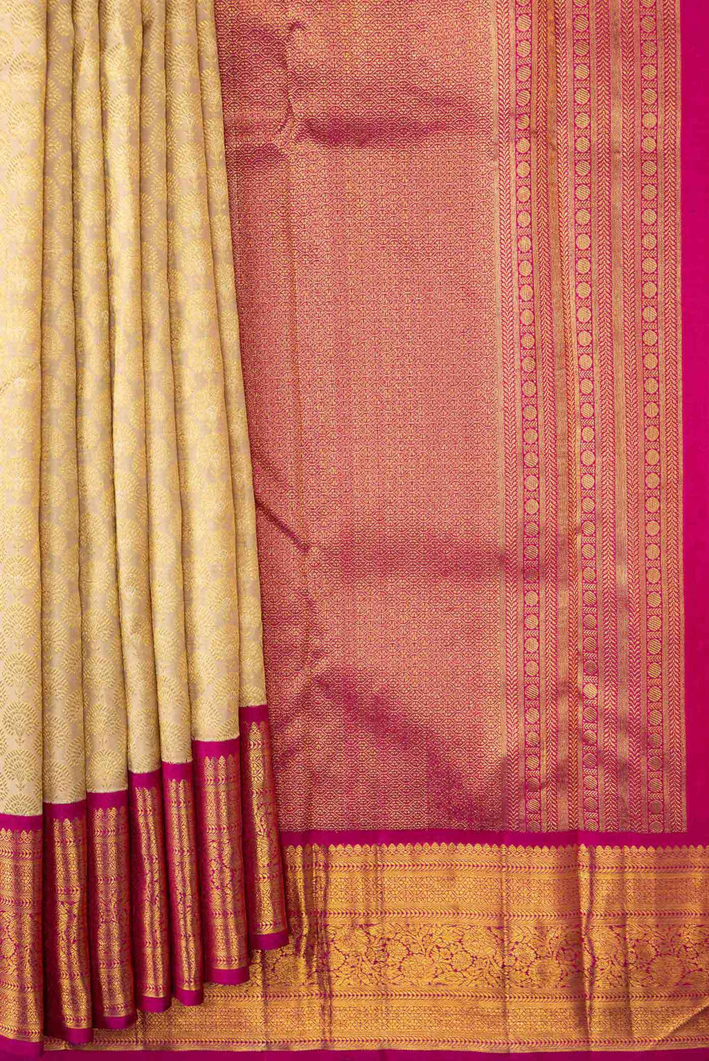 Pleats and pallu of Sandal Dual Tone Kanchipuram Silk Saree with Zari Brocade on the body and Zari Border