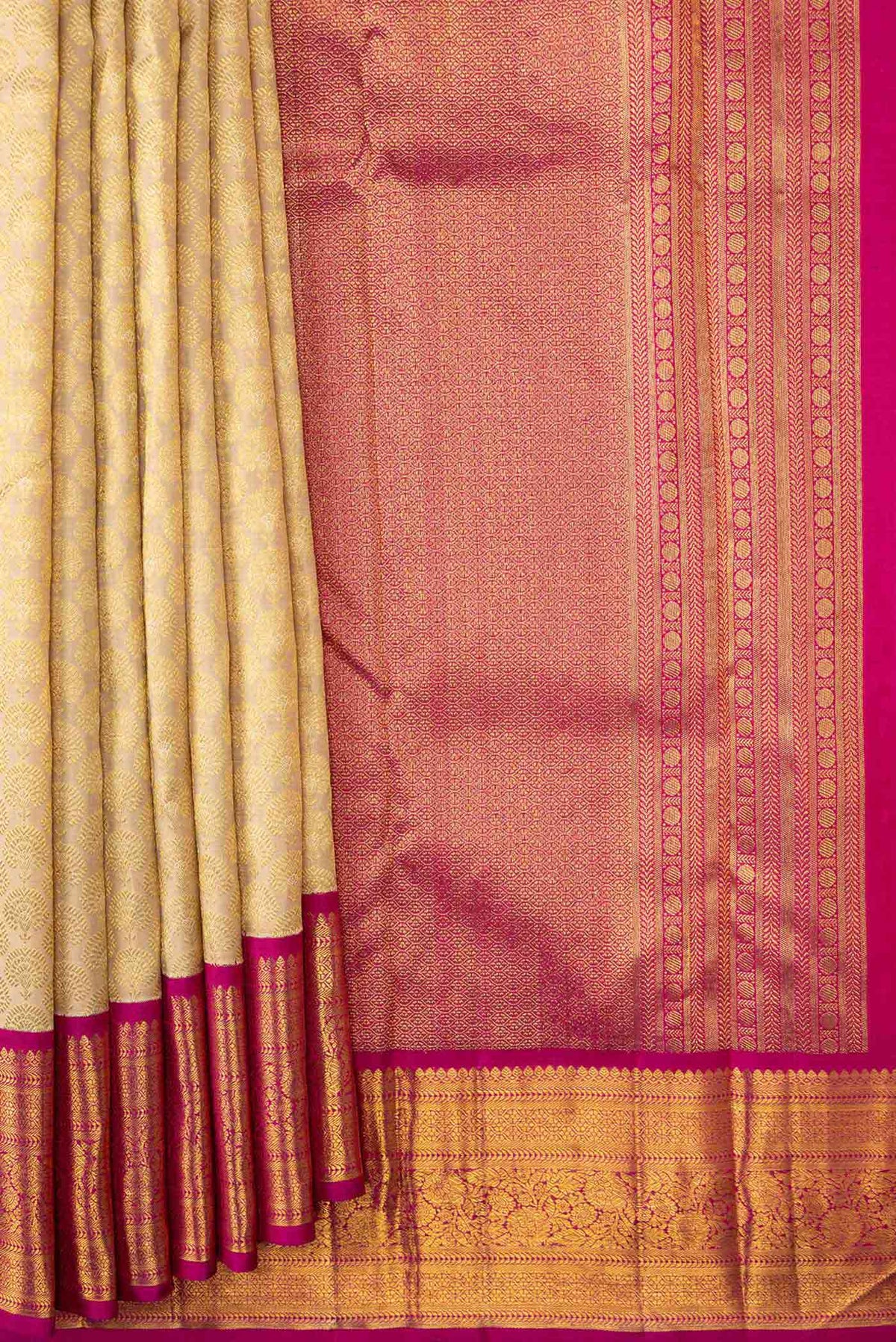 Pleats and pallu of Sandal Dual Tone Kanchipuram Silk Saree with Zari Brocade on the body and Zari Border