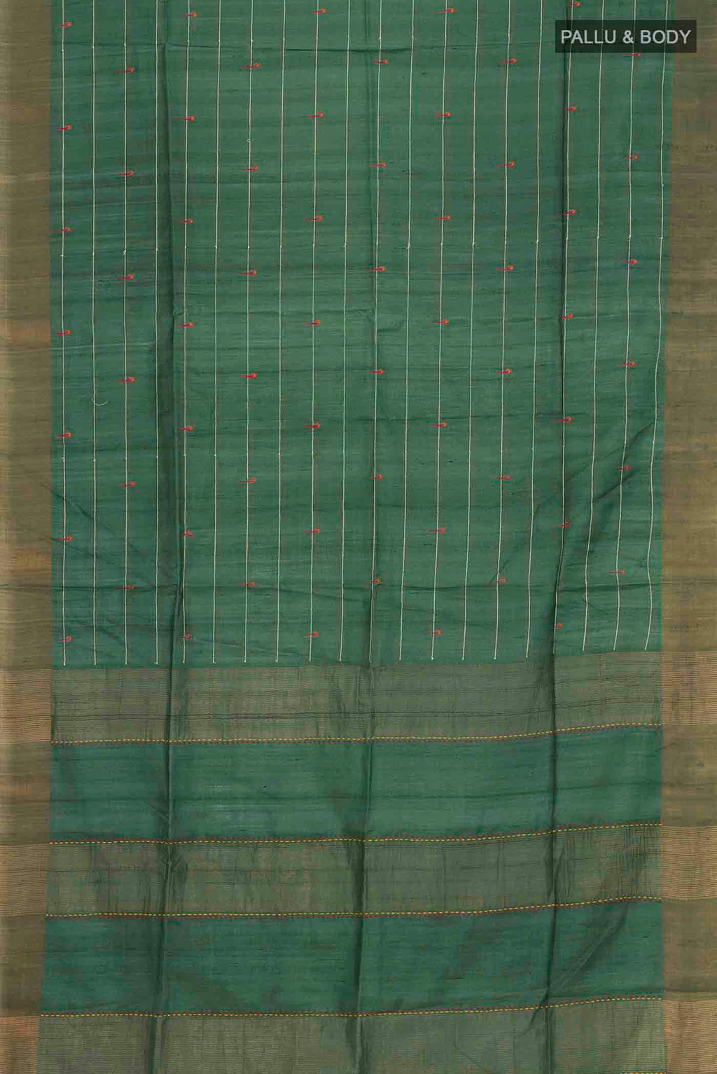Flat view of Green Tussar Silk Saree with Stripes on the body and Zari Border