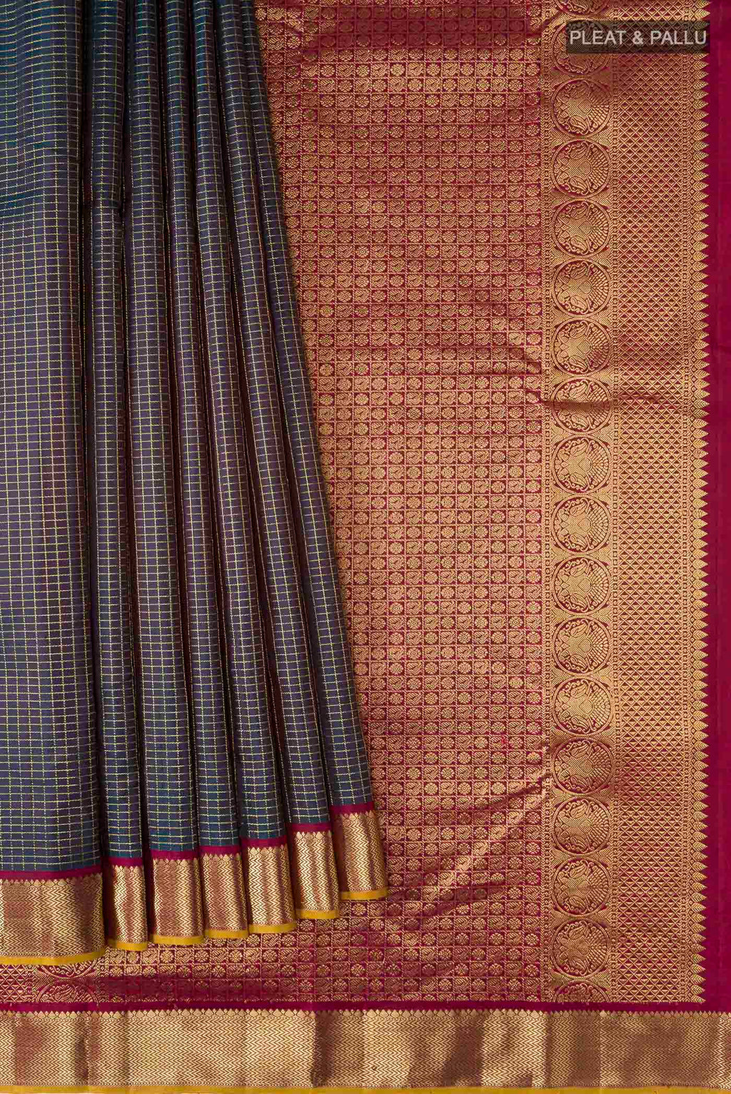 Pleats and pallu of Blue Kanchipuram Silk Saree with Checked design on the body and Zari Border