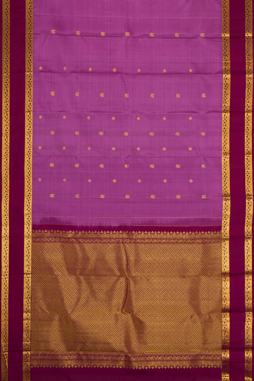 Flat view of Lavender Dual Tone Kanchipuram Silk Saree with Zari Butta on the body and Zari Border
