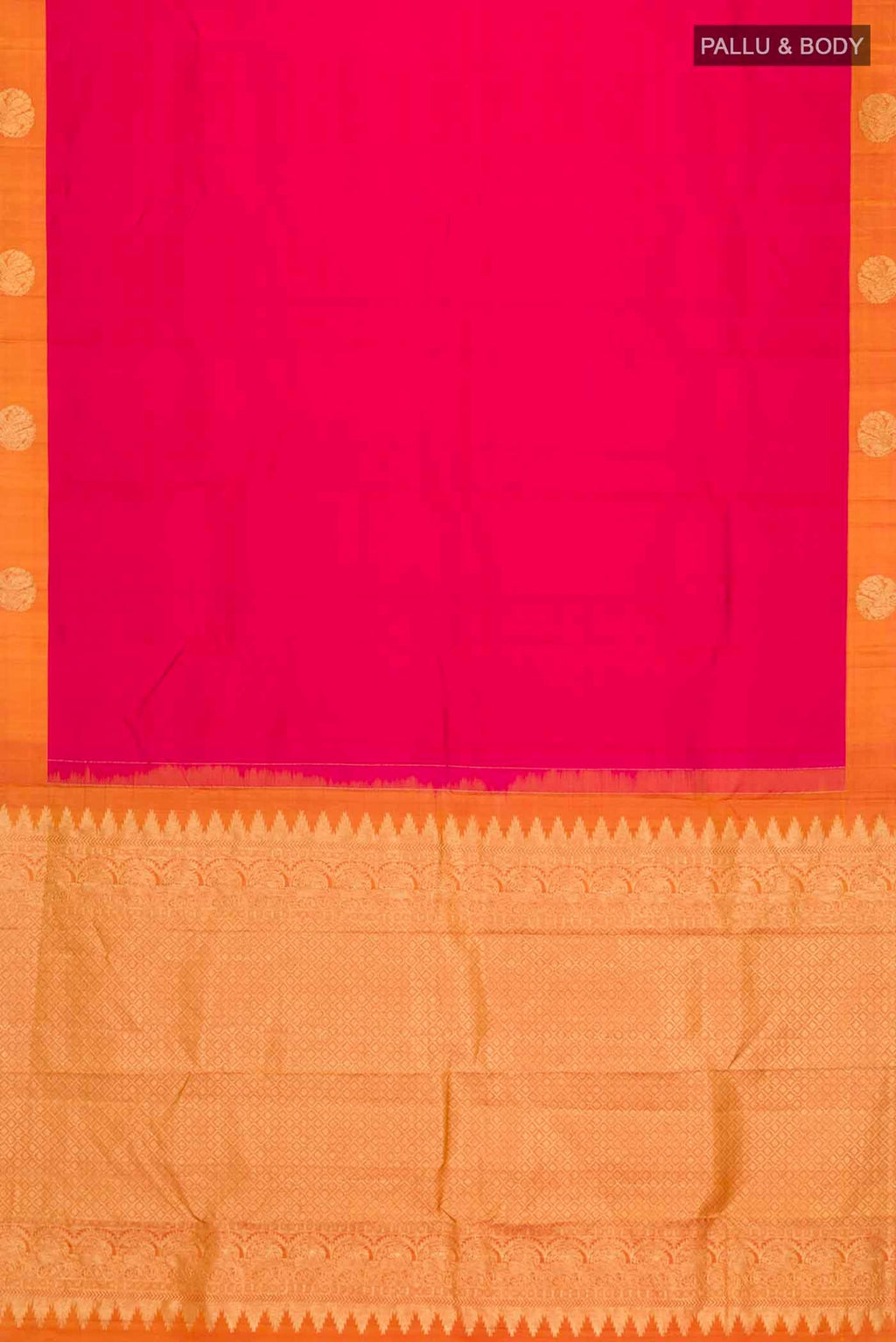 Flat view of Pink Kanchipuram Silk Saree with Jacquard design on the body and Zari Border