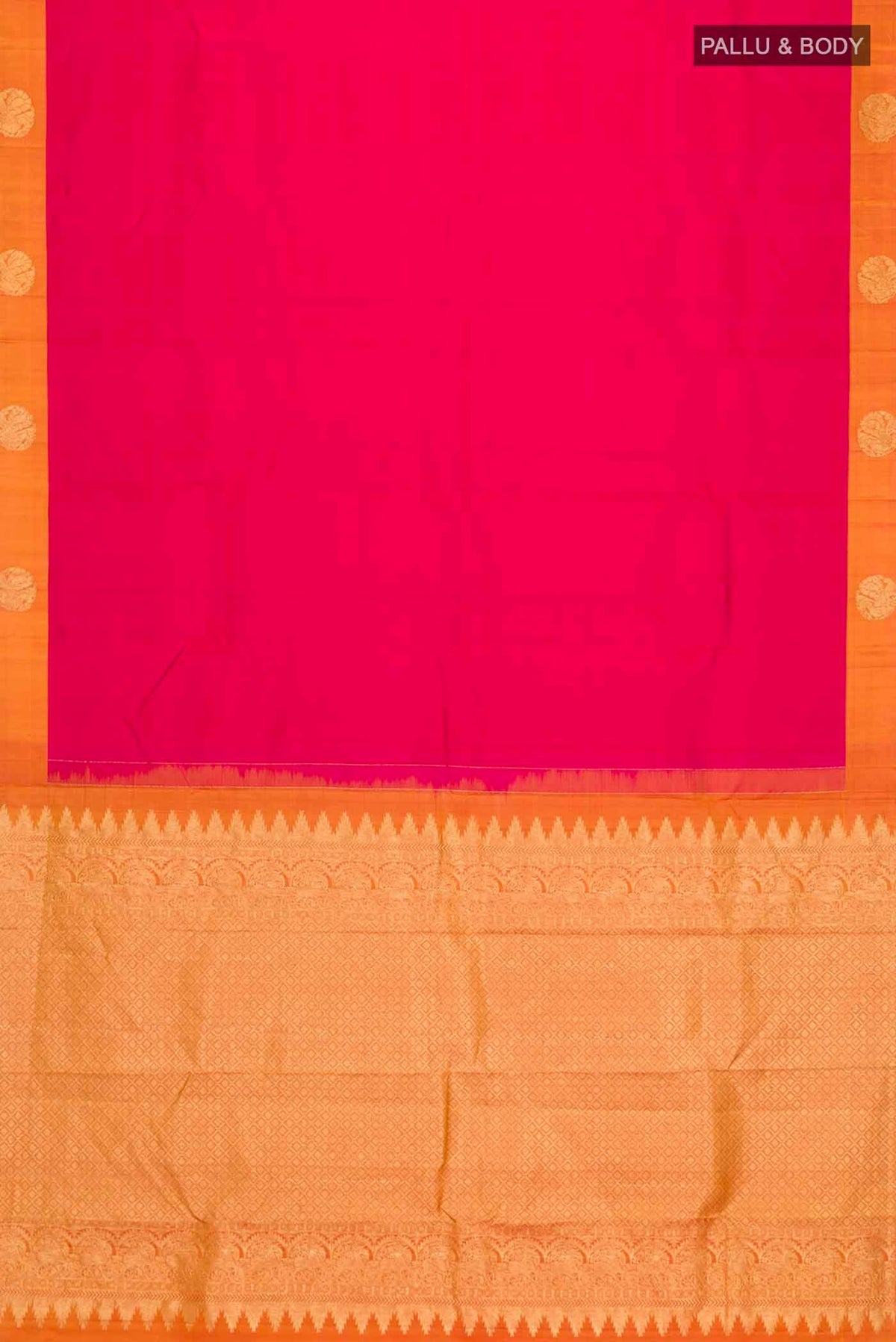 Flat view of Pink Kanchipuram Silk Saree with Jacquard design on the body and Zari Border