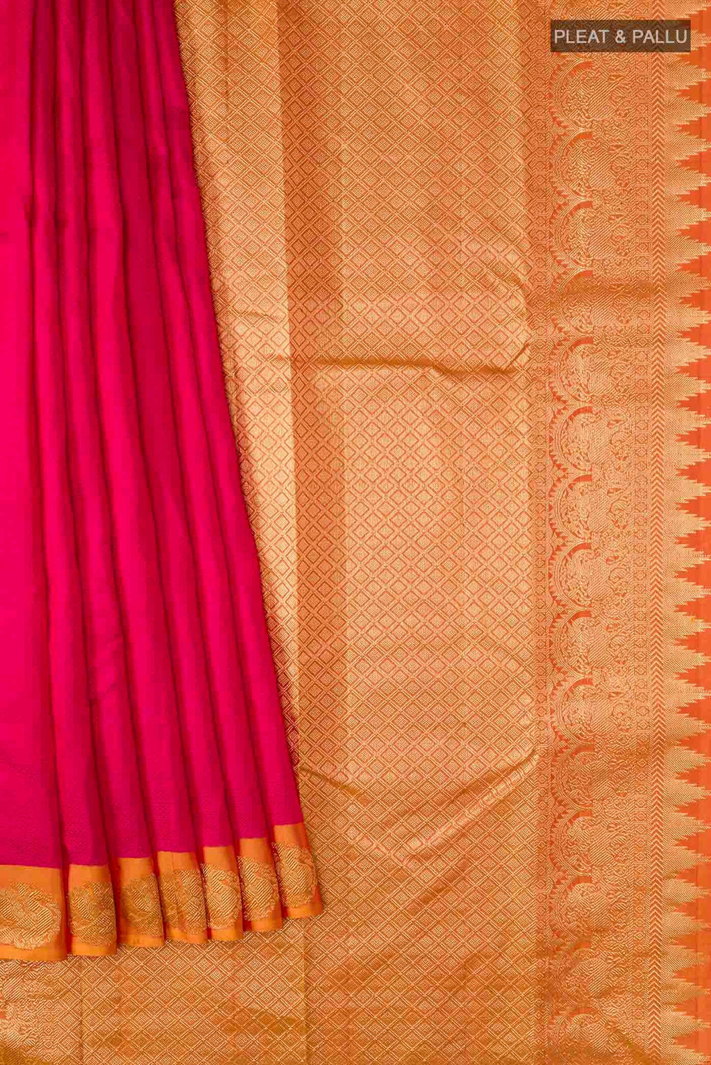 Pleats and pallu of Pink Kanchipuram Silk Saree with Jacquard design on the body and Zari Border
