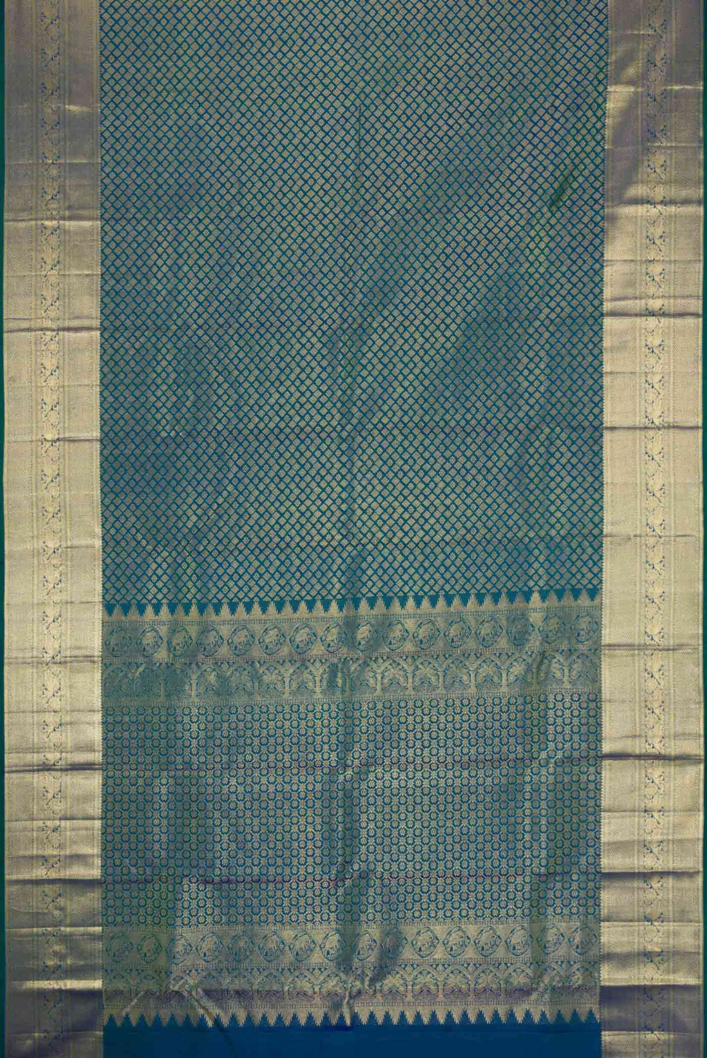 Flat view of Peacock Blue Dual Tone Kanchipuram Silk Saree with Zari Brocade on the body and Zari Border