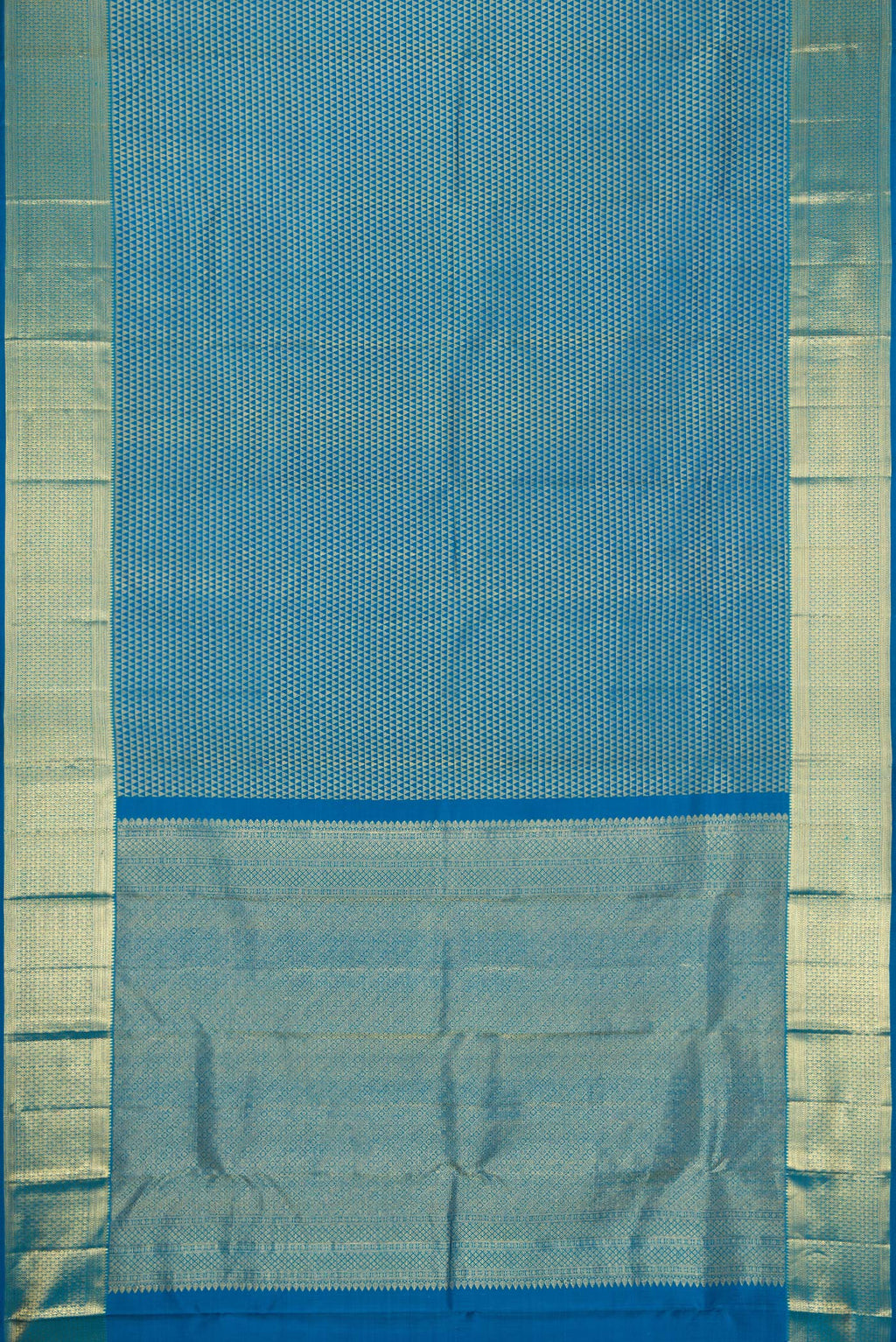 Flat view of Peacock Blue Dual Tone Kanjivaram Silk Saree with Zari Brocade on the body and Zari Border. 
