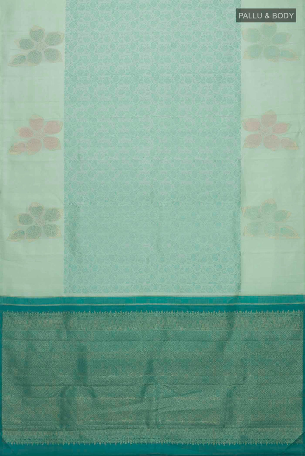 Flat view of Green Kanchipuram Silk Saree with Jacquard design on the body and Zari Border