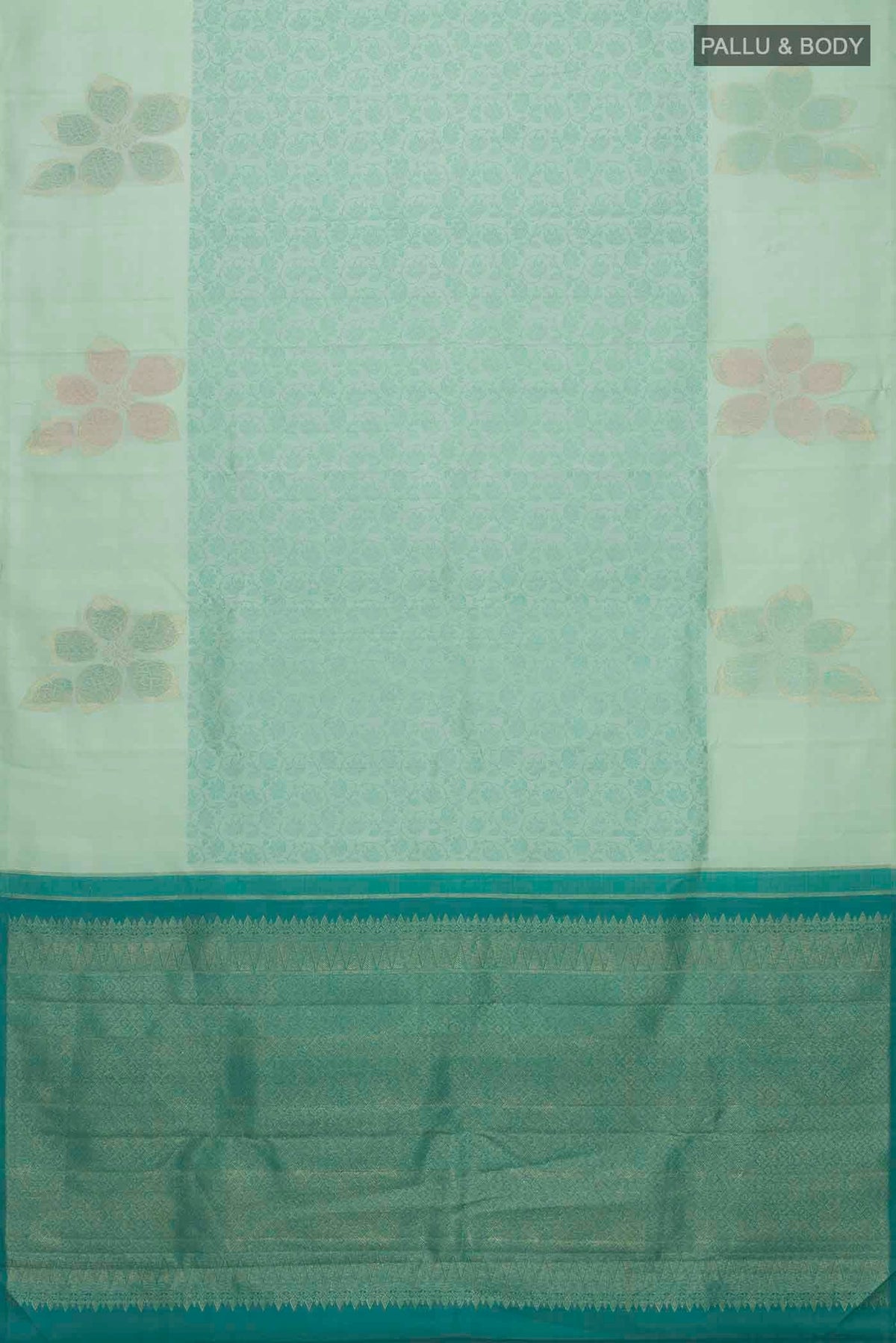 Flat view of Green Kanchipuram Silk Saree with Jacquard design on the body and Zari Border
