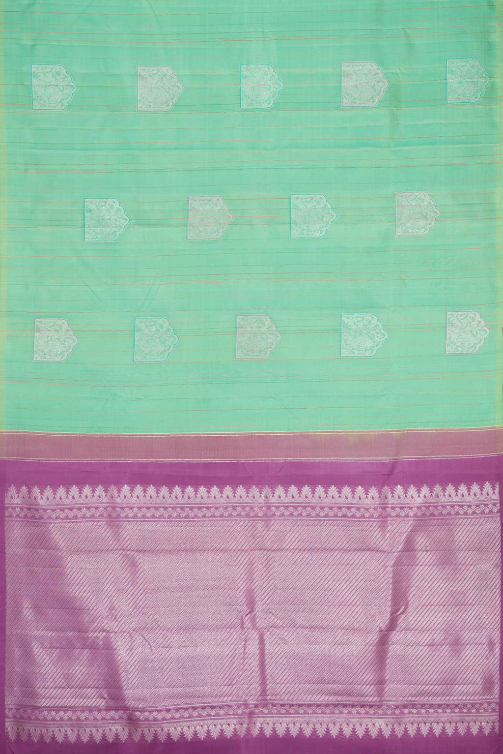 Flat view of Sea Green Dual Tone Kanchipuram Silk Saree with Zari Butta on the body and Without Border