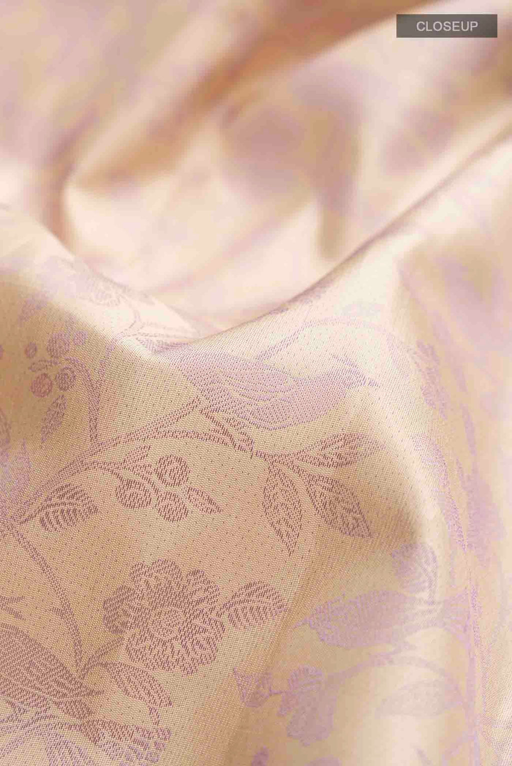 Close up of Beige Kanchipuram Silk Saree with Jacquard design on the body and Zari Border displaying folds