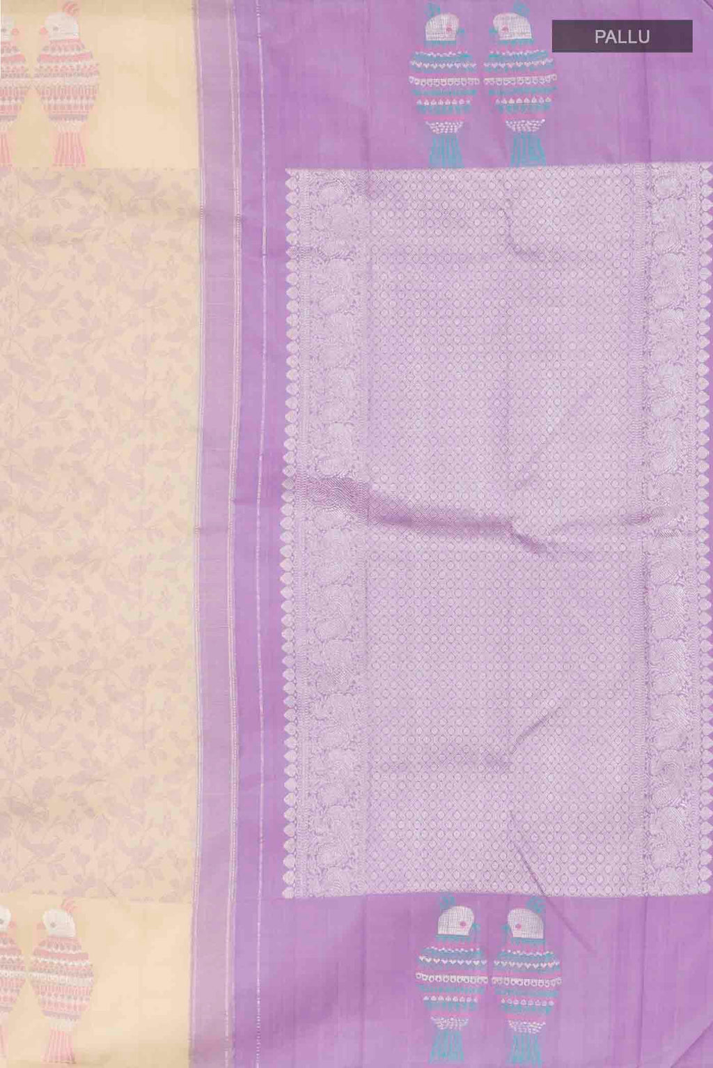Close up image of the pallu of Beige Kanchipuram Silk Saree with Jacquard design on the body and Zari Border