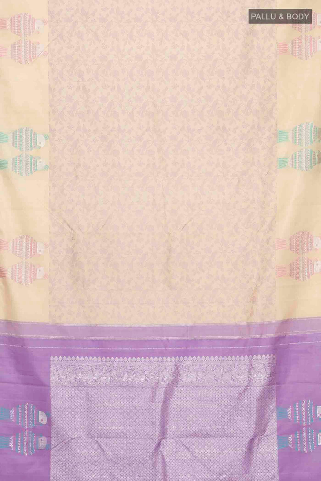 Flat view of Beige Kanchipuram Silk Saree with Jacquard design on the body and Zari Border