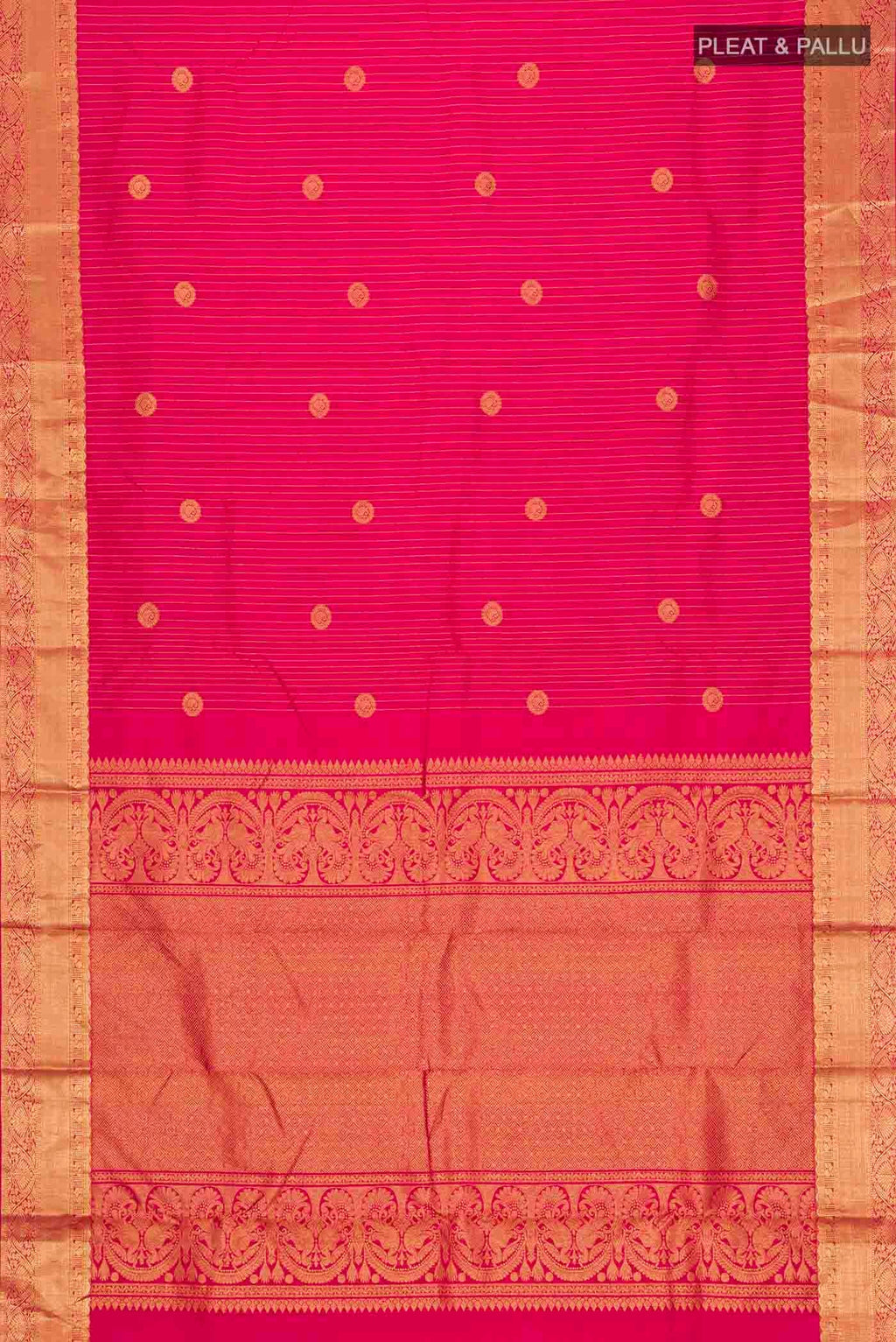 Flat view of Pink Kanchipuram Silk Saree with Stripes on the body and Zari Border