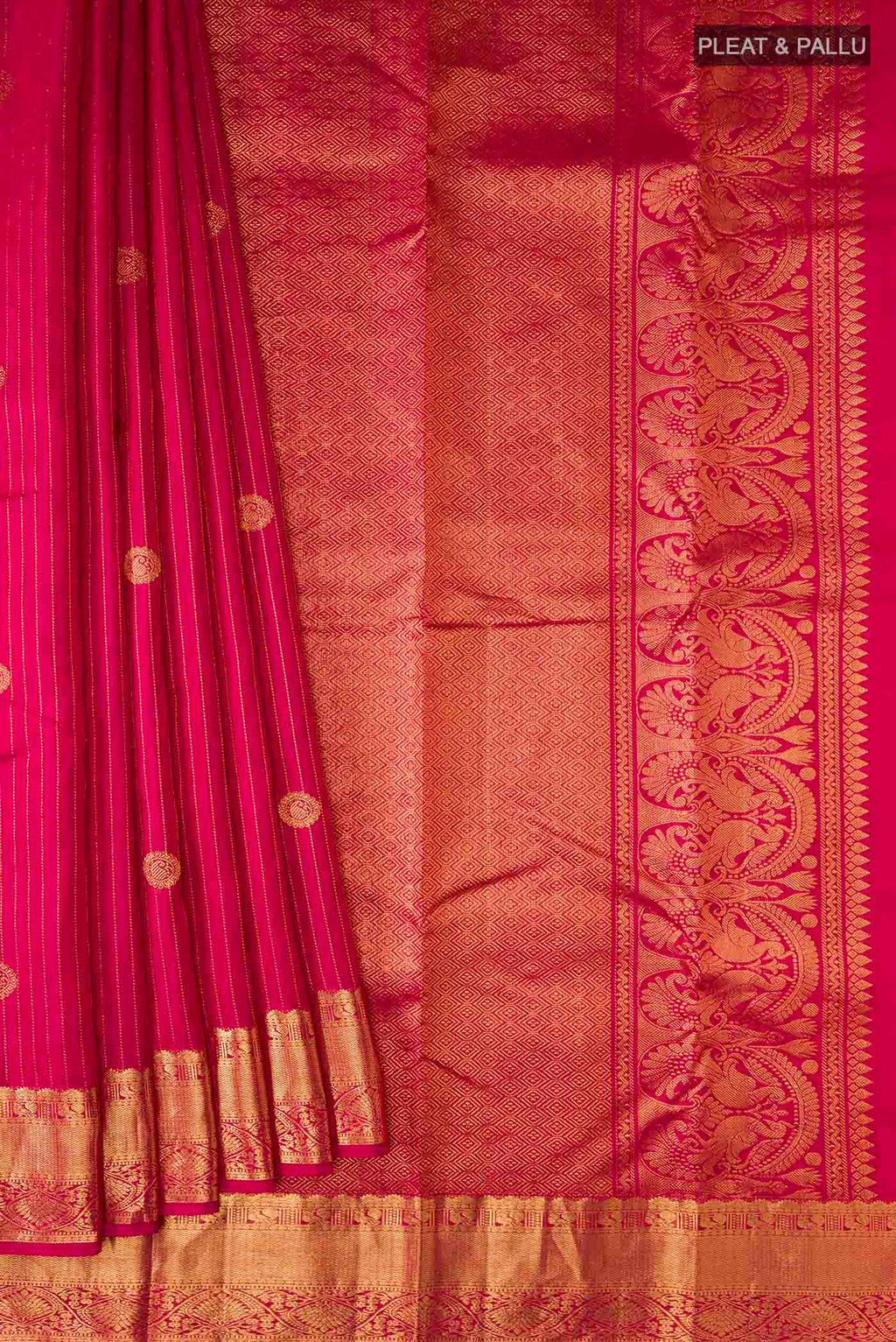 Pleats and pallu of Pink Kanchipuram Silk Saree with Stripes on the body and Zari Border
