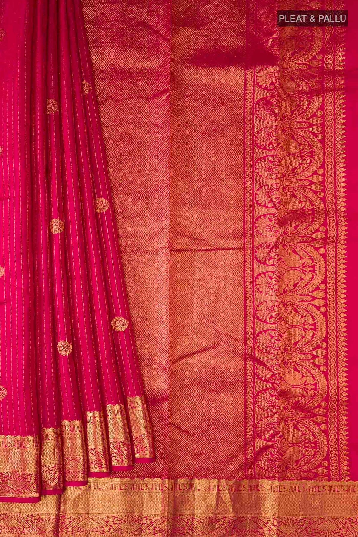 Pleats and pallu of Pink Kanchipuram Silk Saree with Stripes on the body and Zari Border